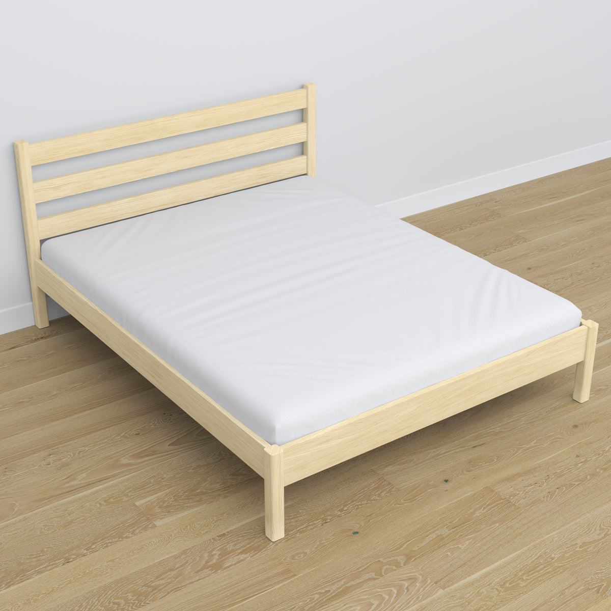 Doppelbett Kiefer farblos im Schlafzimmer – Einrichtung mit Bettwäsche, Scandi-Stil
