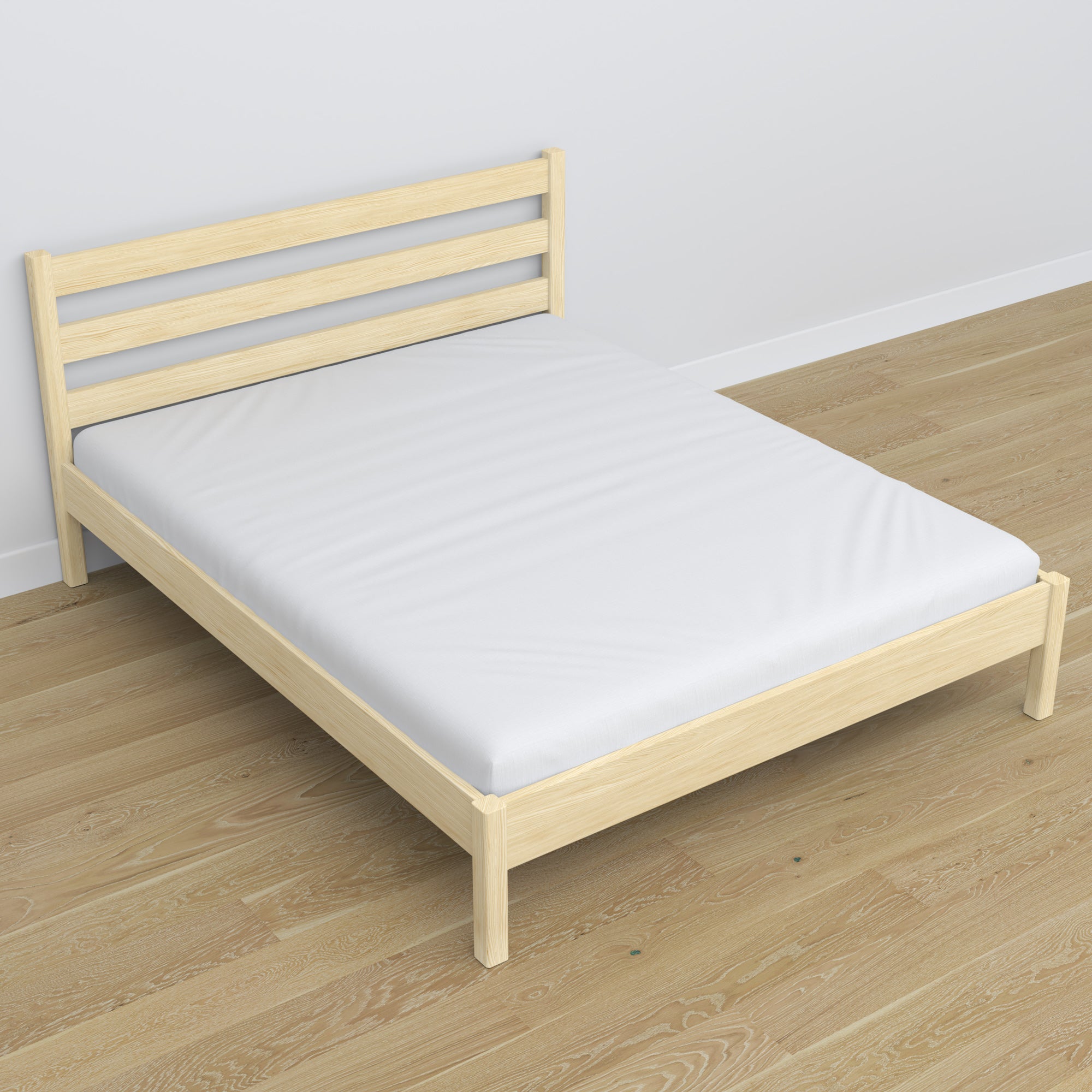 Doppelbett Kiefer farblos im Schlafzimmer – Einrichtung mit Bettwäsche, Scandi-Stil