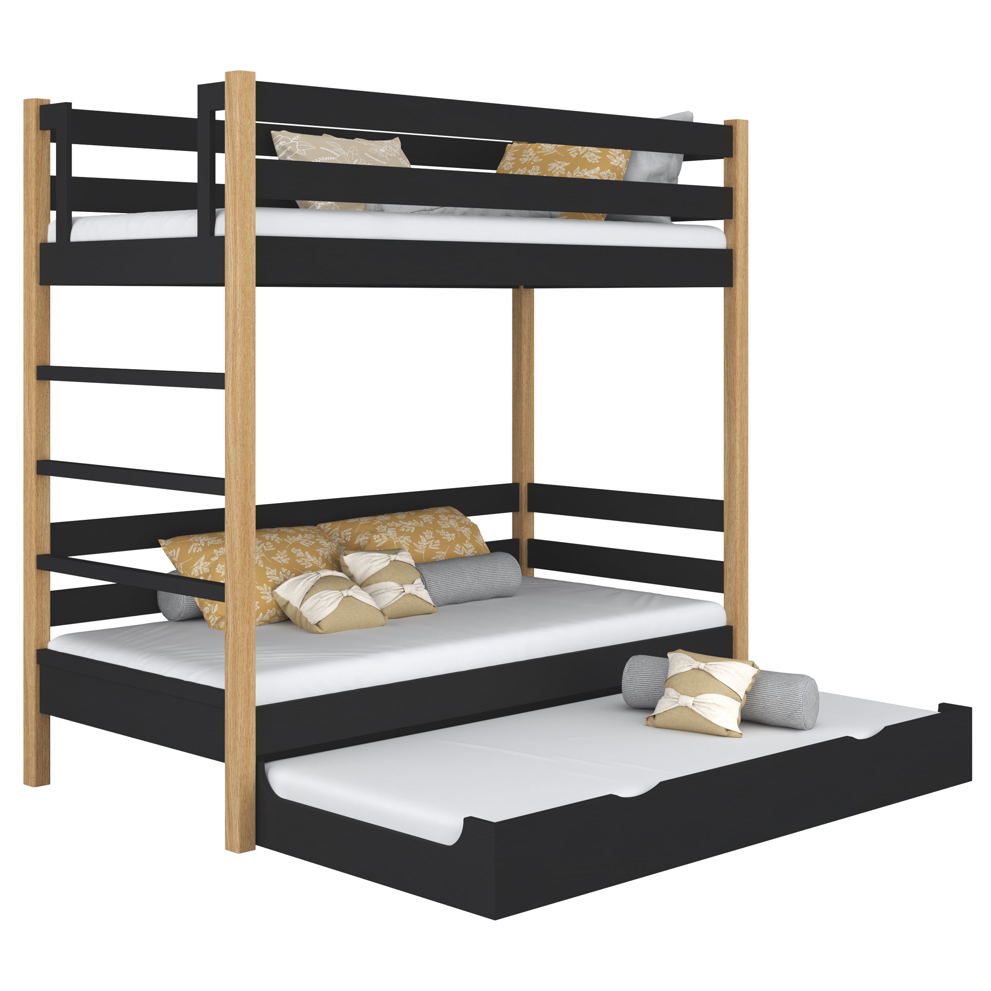Hochbett mit Schublade für Matratze aus Holz Schwarz-Eiche – Kinderzimmer scandi