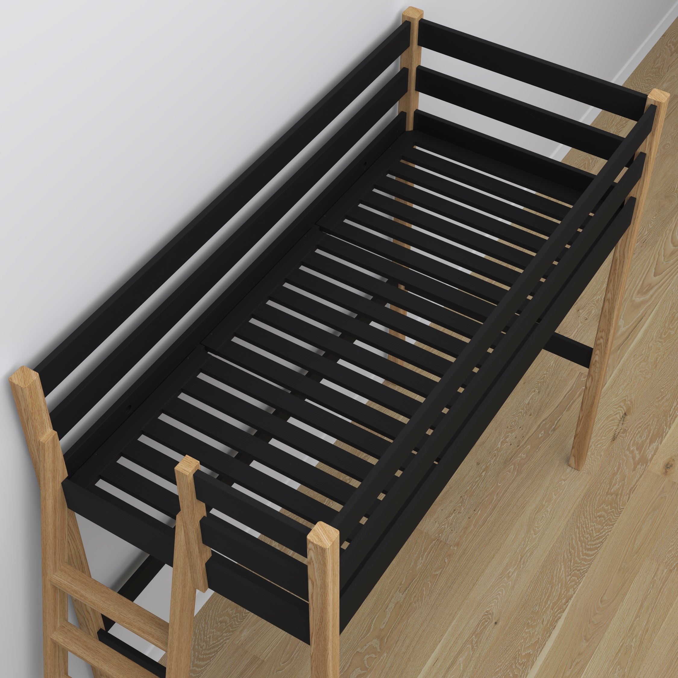 Hochbett mit Schreibtisch aus Holz schwarz-eiche – Details der Verbindungen und Leiter