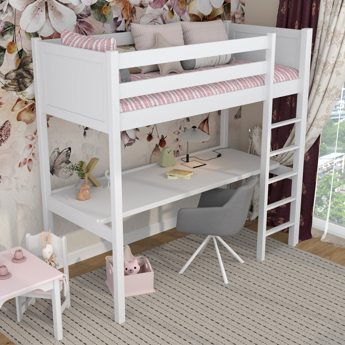 White Wooden Loft Bed with Desk – Ladder and Safety Rail