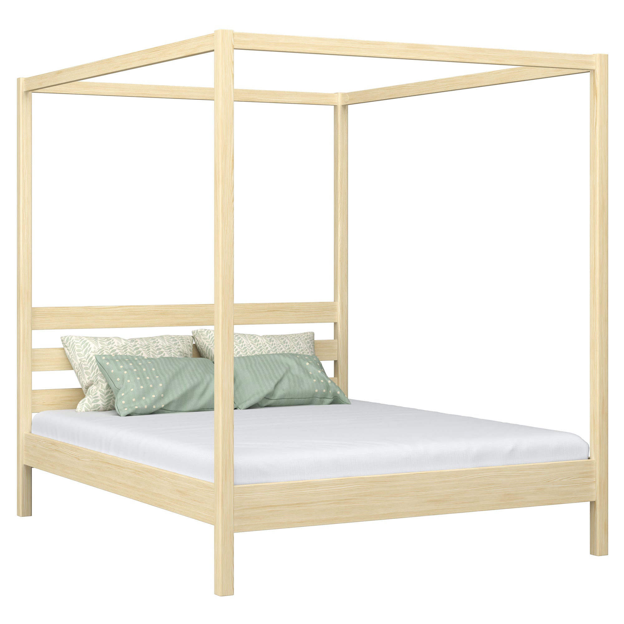 Wooden canopy double bed N01 clear pine – overall view, solid pine wood