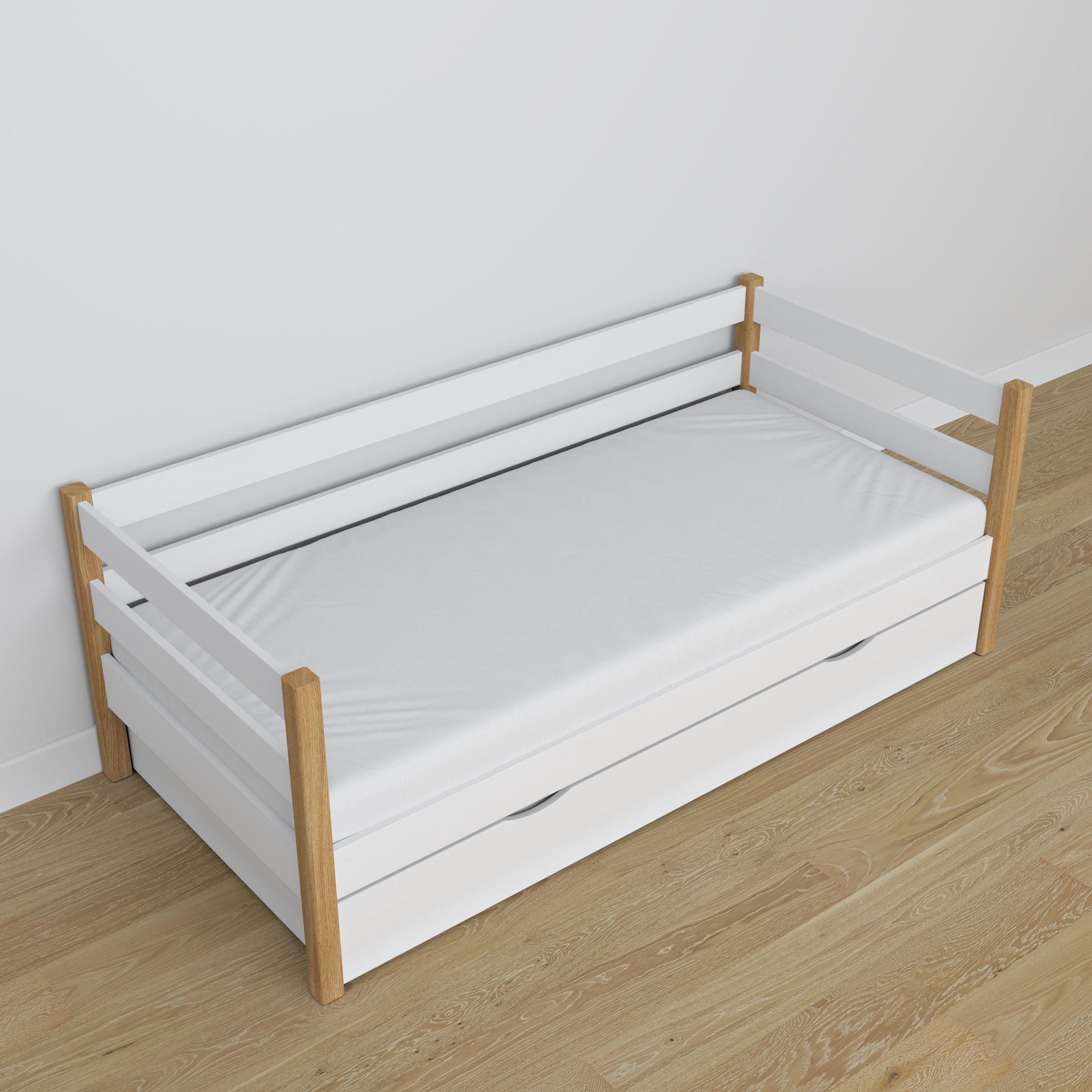 Łóżko sofa z szufladą na materac N01 biało dębowy – widok z innej perspektywy, solidne drewno
