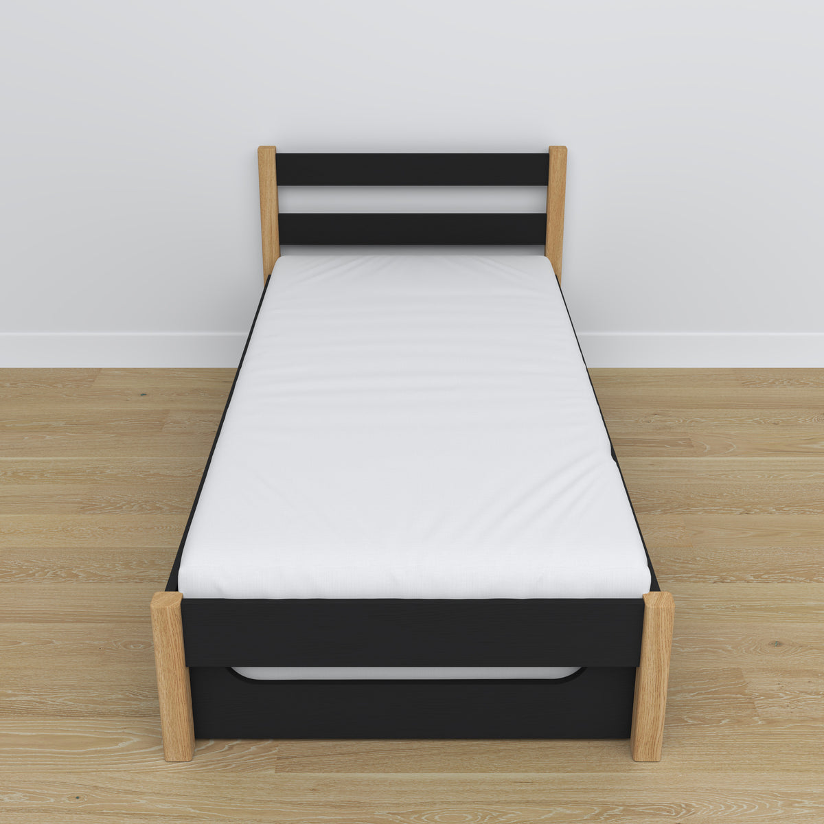 Bett schwarz-eiche mit Schublade für Matratze – Seitenansicht, aus Holz, Nizio Home