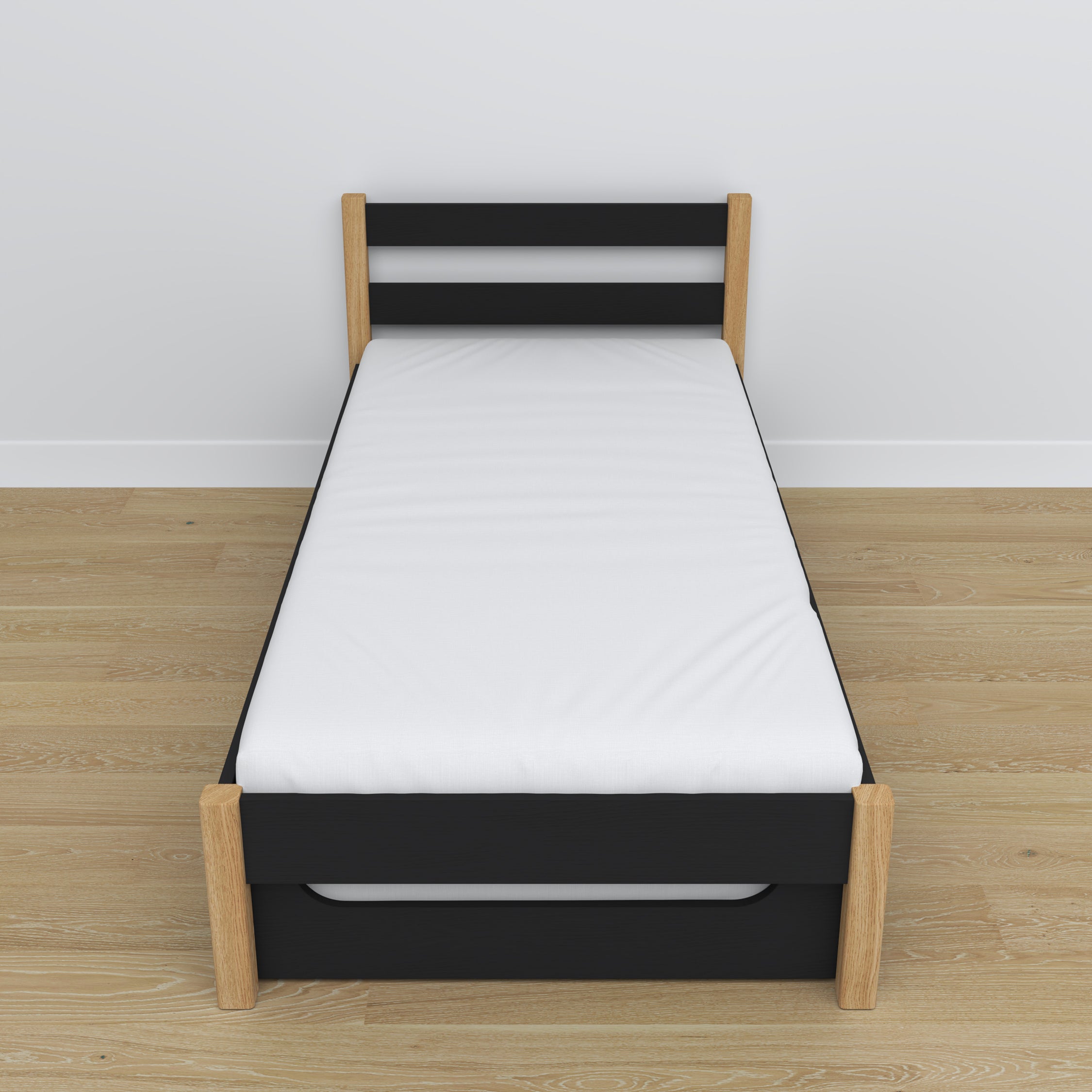 Bett schwarz-eiche mit Schublade für Matratze – Seitenansicht, aus Holz, Nizio Home