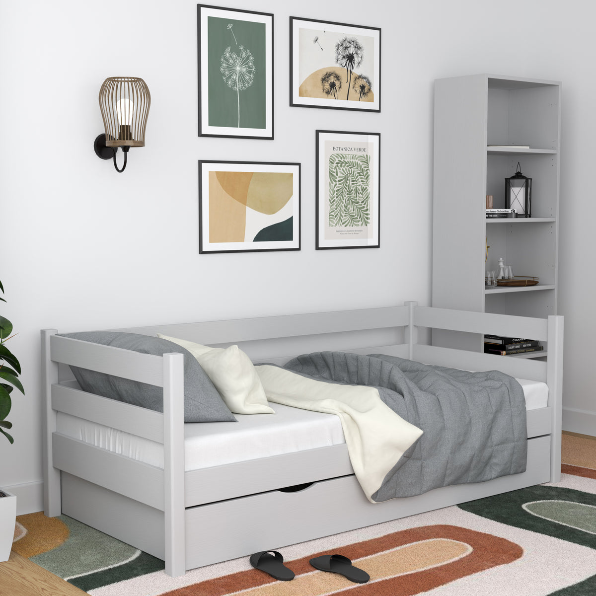 Łóżko sofa z szufladą N01 popielaty – widok z innej perspektywy, solidne drewno