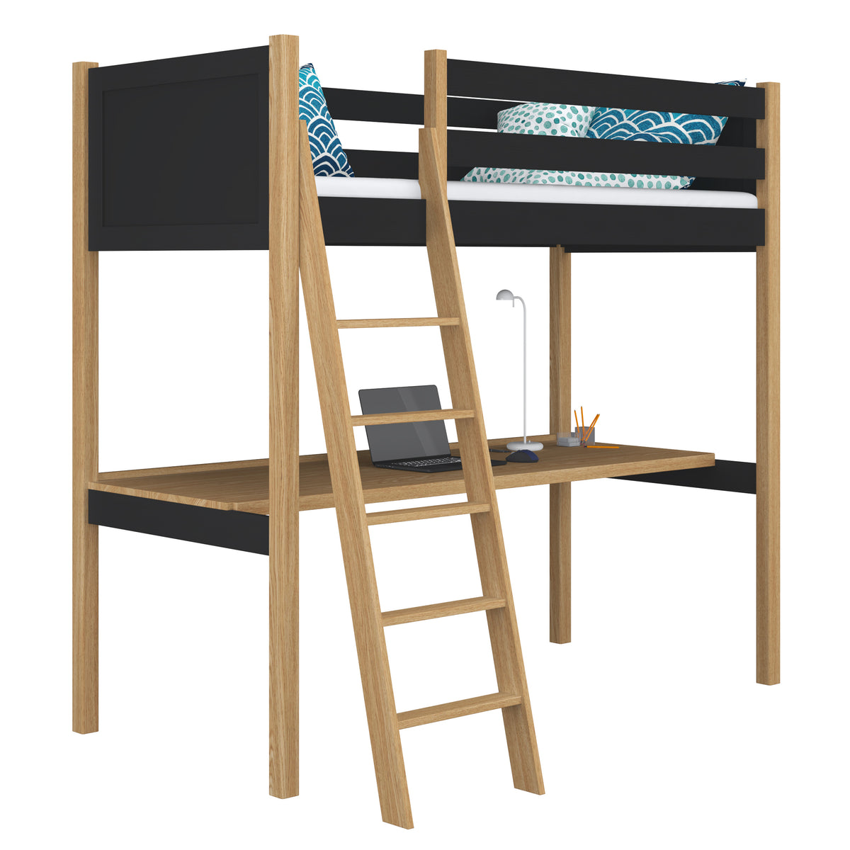Hochbett mit Schreibtisch aus Holz schwarz-eiche – Kinderzimmer, scandi Nizio