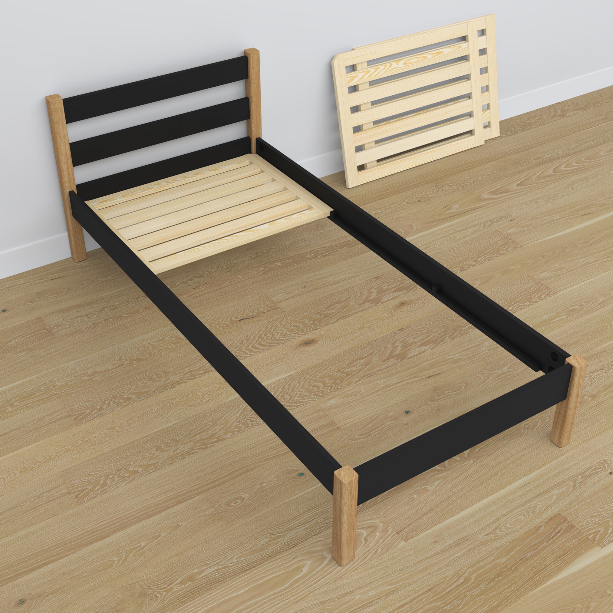 Bett mit Schublade für Matratze schwarz-eiche aus Holz – Maße, Nizio