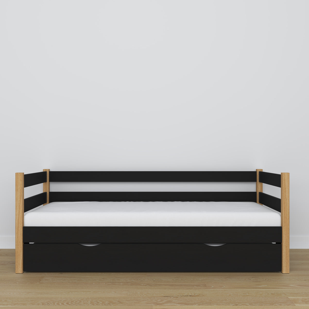 Black-oak sofa bed with mattress drawer made of wood – dimensions, Nizio