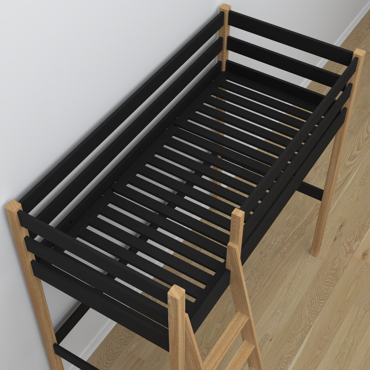 Hochbett aus Holz, Schwarz-Eiche – Details der Verbindungen und Leiter, Nizio Home