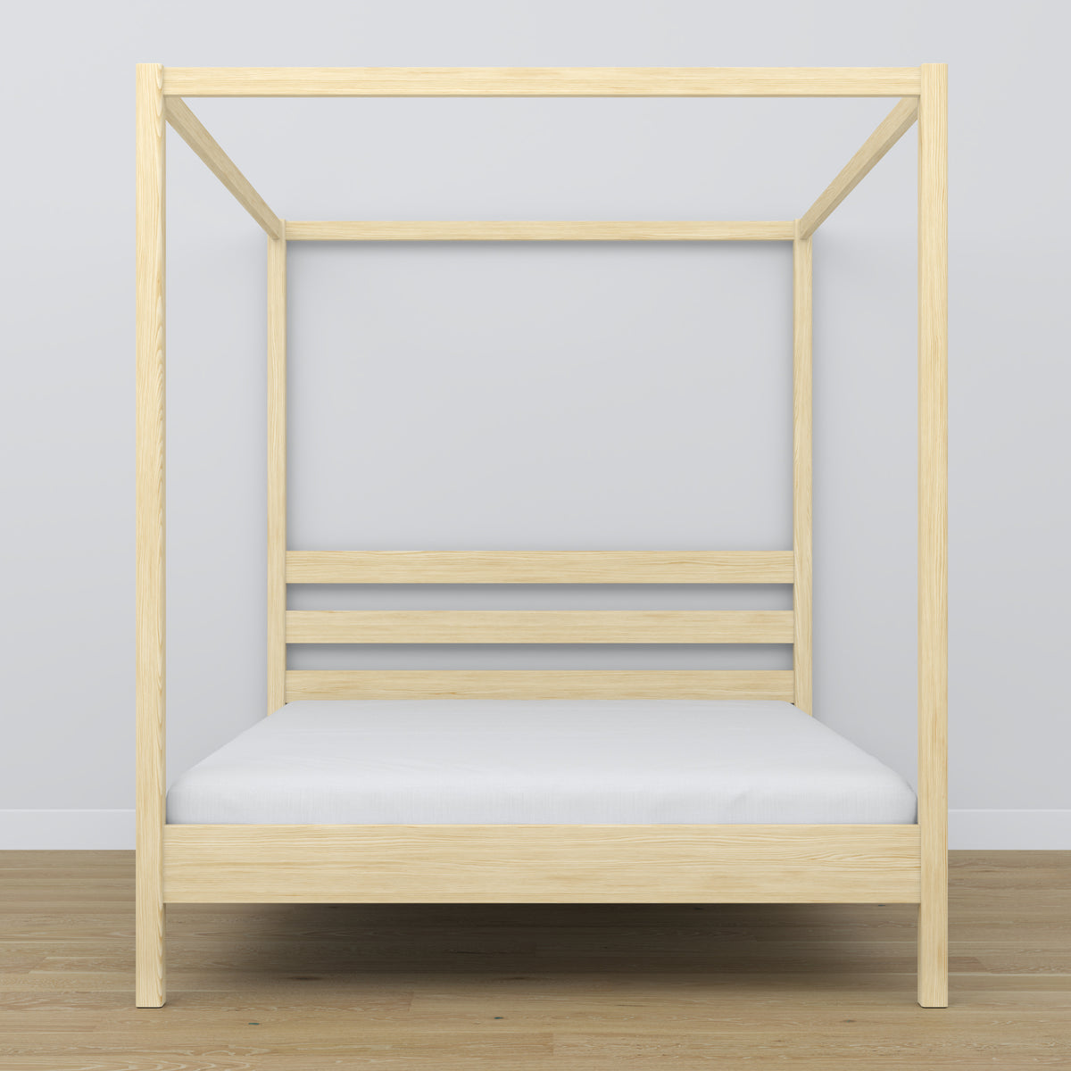 Wooden double bed with canopy clear pine – headboard and frame, close-up