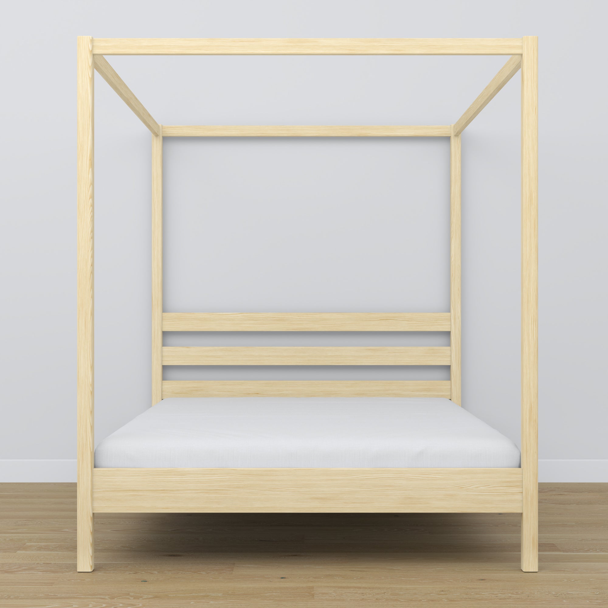 Wooden double bed with canopy clear pine – headboard and frame, close-up