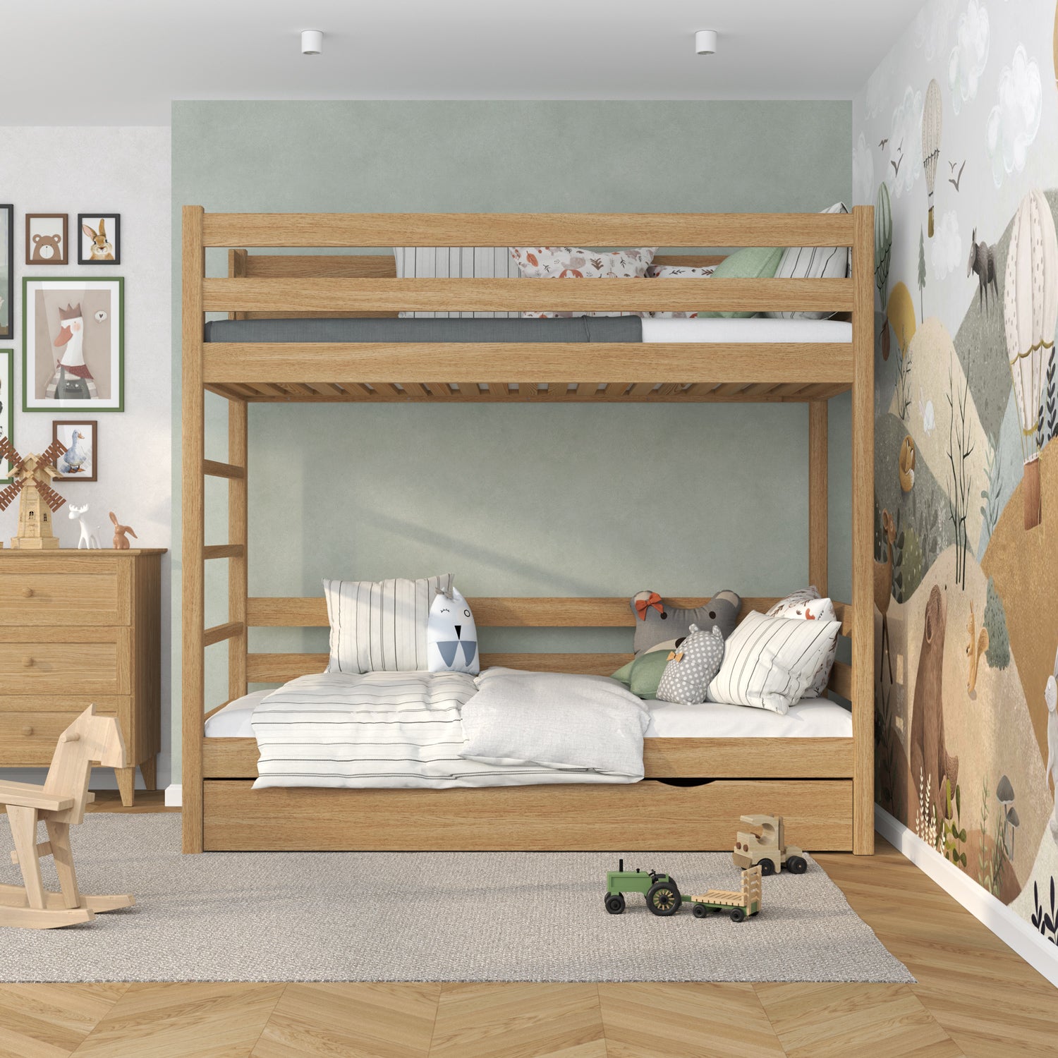 Natural Oak Bunk Bed for Children – Two Sleeping Areas and Drawer, Oak