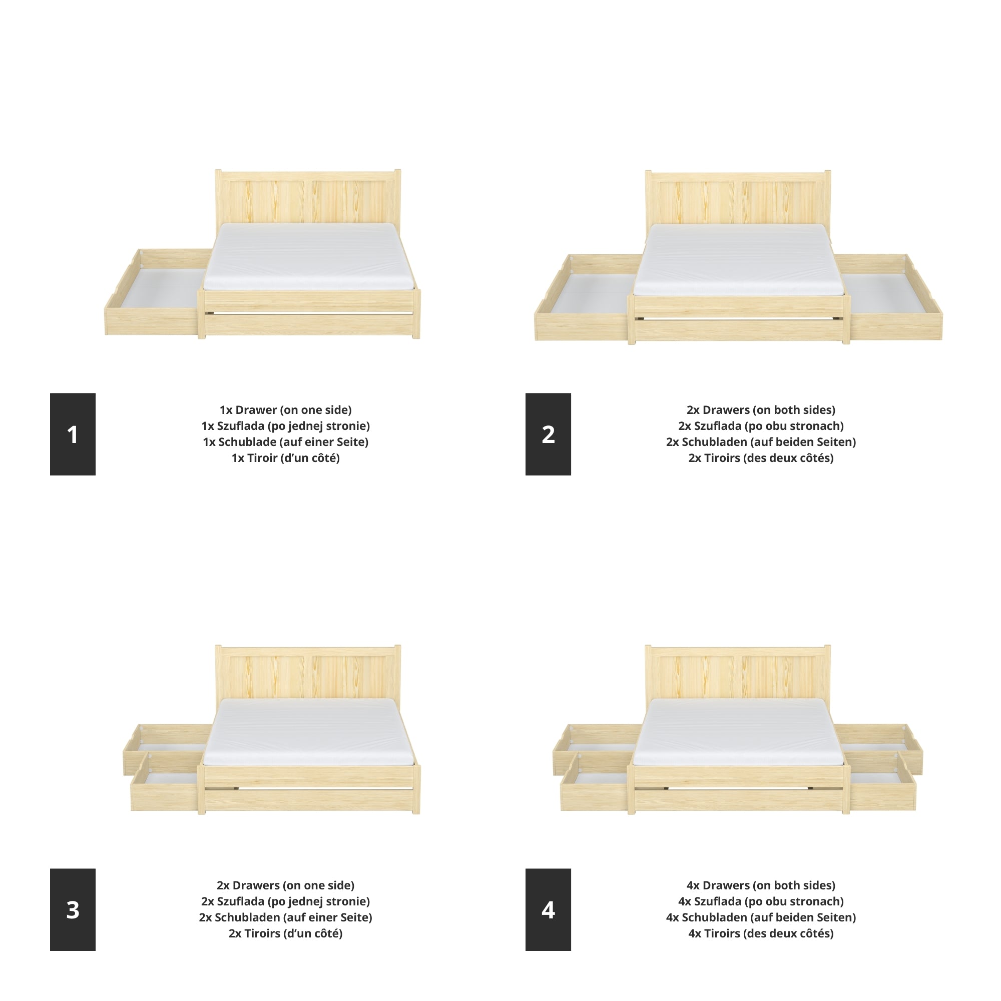 Doppelbett Kiefer farblos mit Schublade im Schlafzimmer – skandinavische Einrichtung