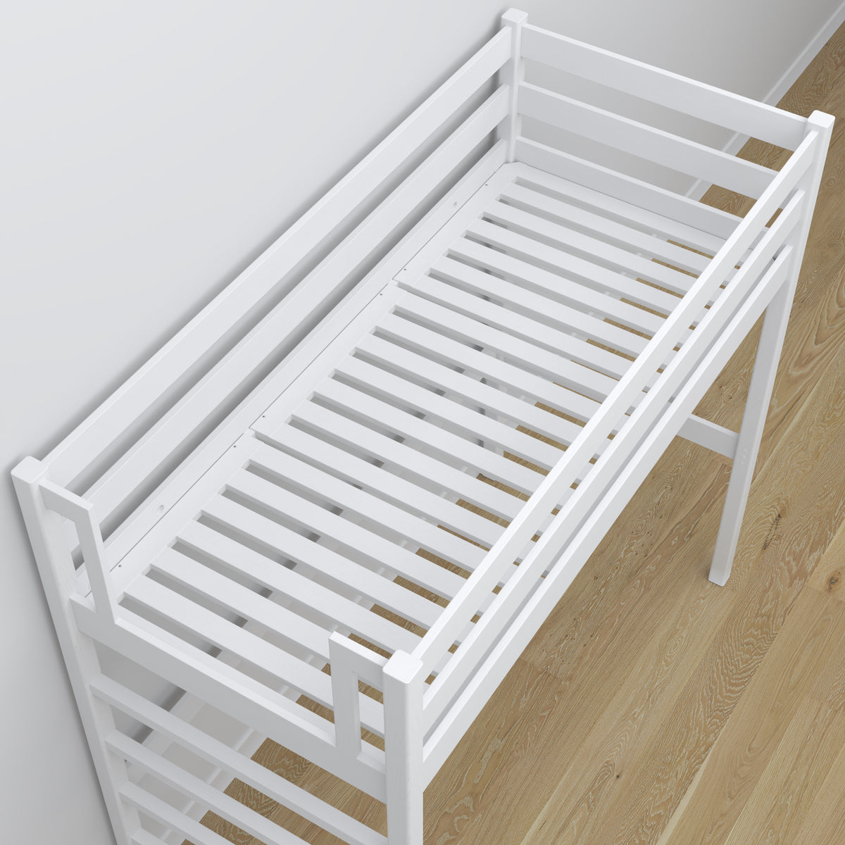 Loft bed N01 white – close-up of the ladder, solid pine wood