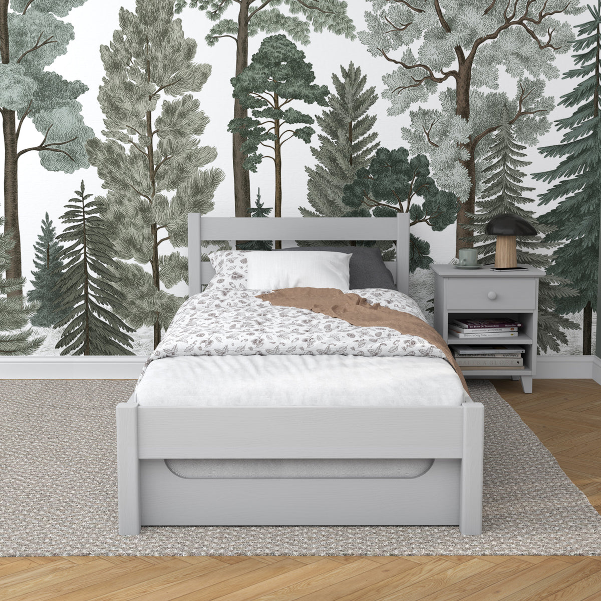 Bett aschgrau mit Schublade für Matratze – Seitenansicht, Holz, Nizio Home