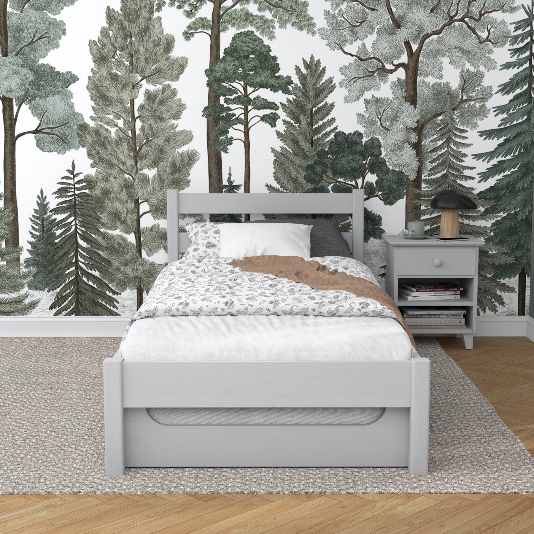 Bett aschgrau mit Schublade für Matratze – Seitenansicht, Holz, Nizio Home