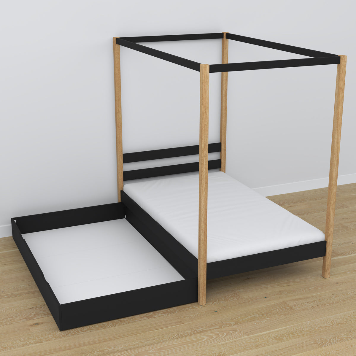 Bett schwarz-eiche mit Baldachin und Schublade – Seitenansicht, aus Holz
