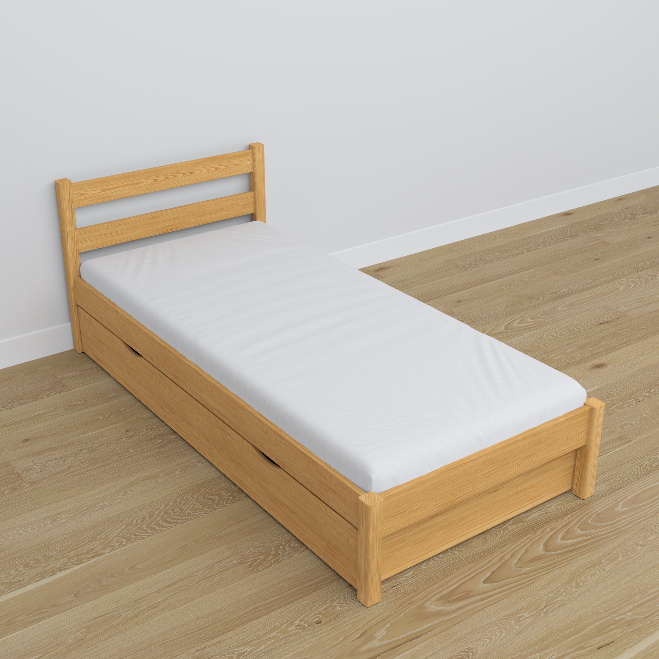 Bett mit Schublade aus Holz Kiefer natur – Maße und Schema, Nizio Home