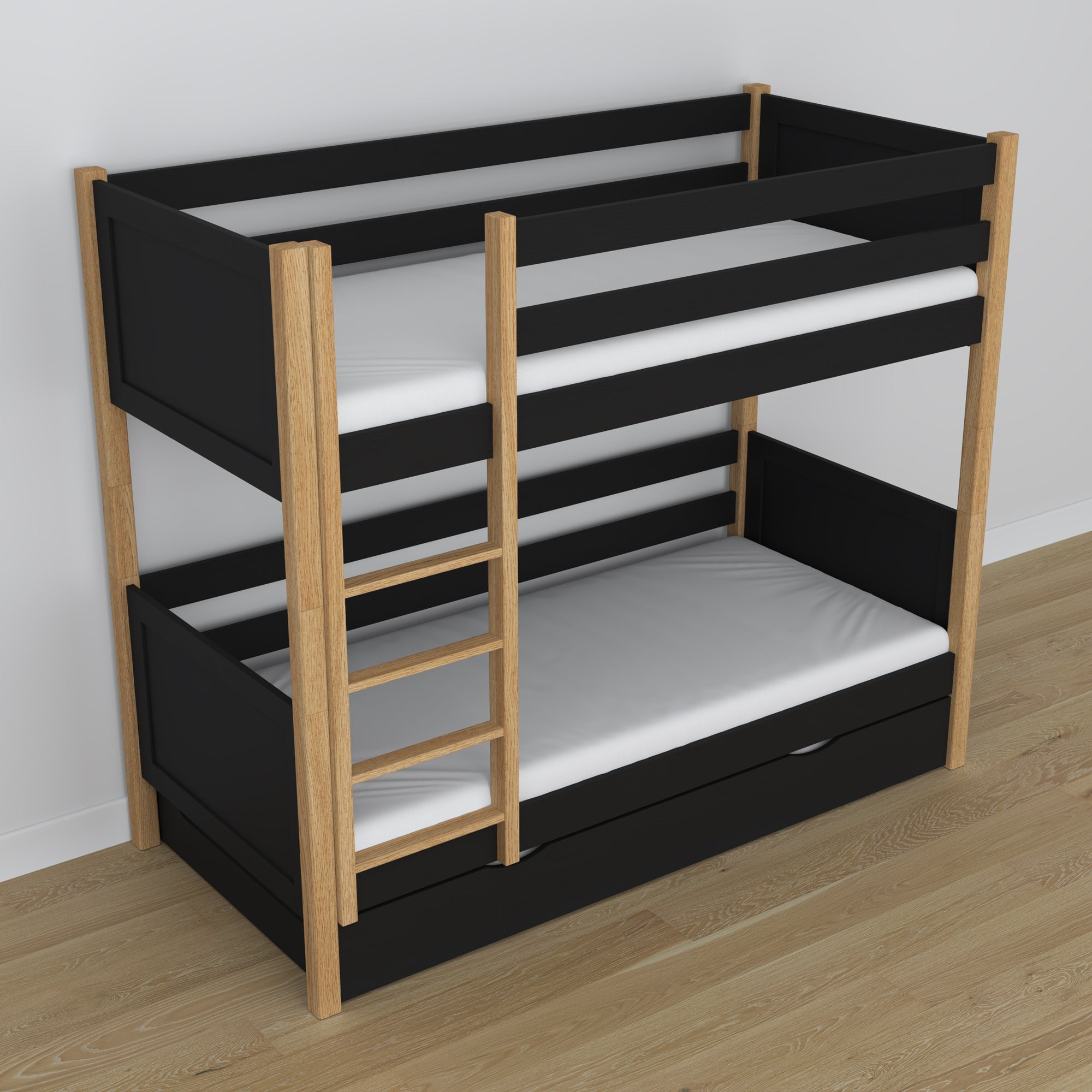 Etagenbett schwarz-eiche für Kinder – Matratzen-Schublade, aus Holz, Nizio