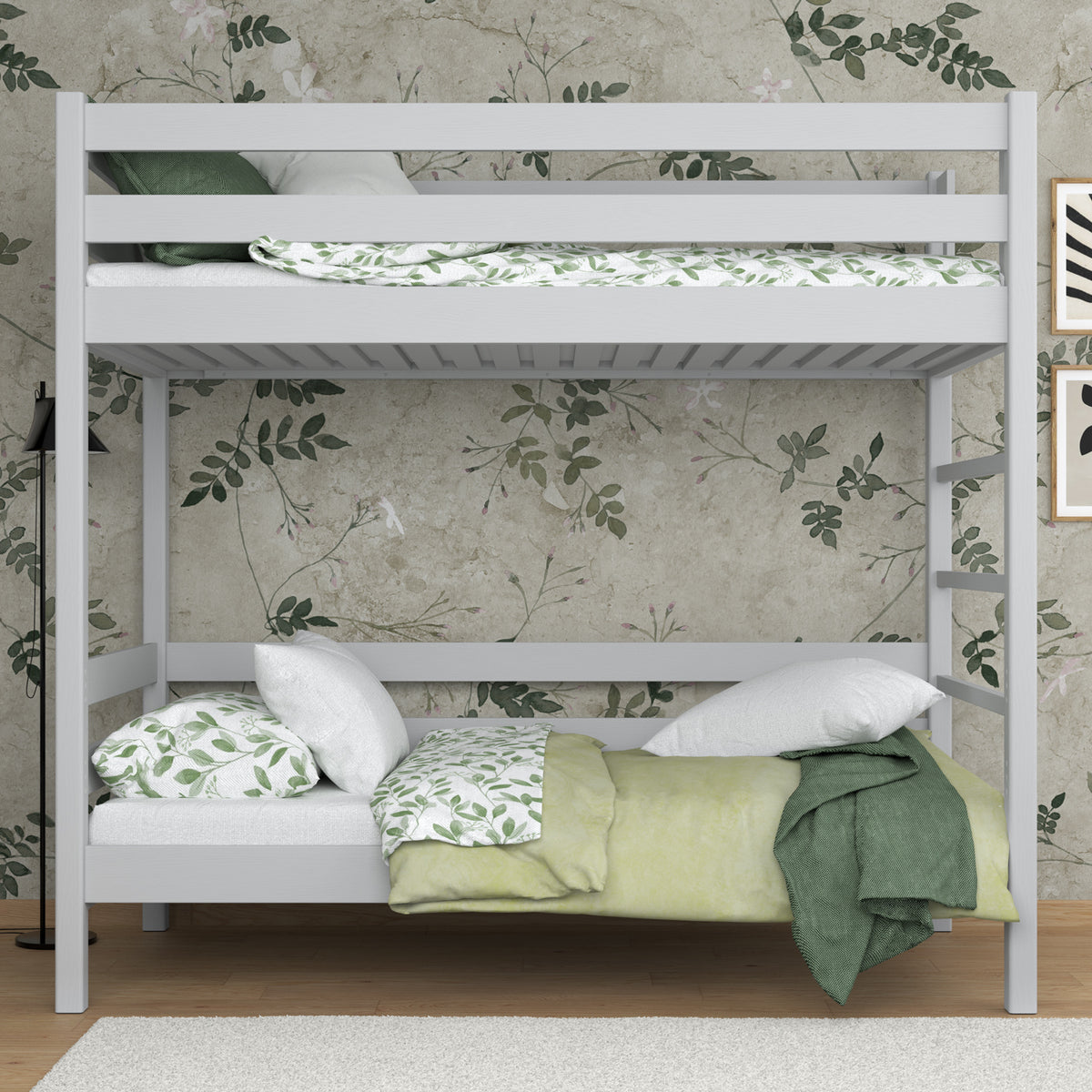 Etagenbett Aschgrau – Leiter und Schutzgitter aus Holz, Nizio Home