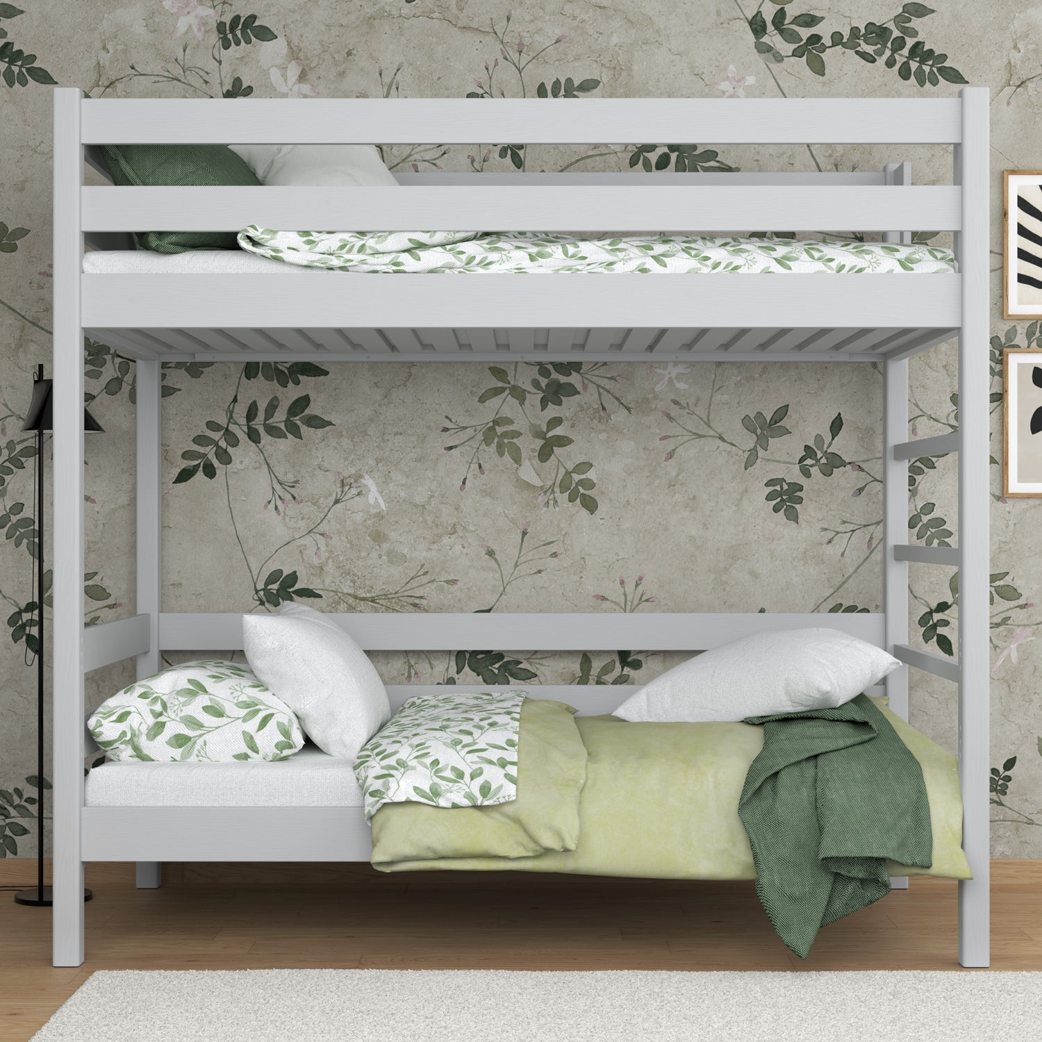 Etagenbett Aschgrau – Leiter und Schutzgitter aus Holz, Nizio Home