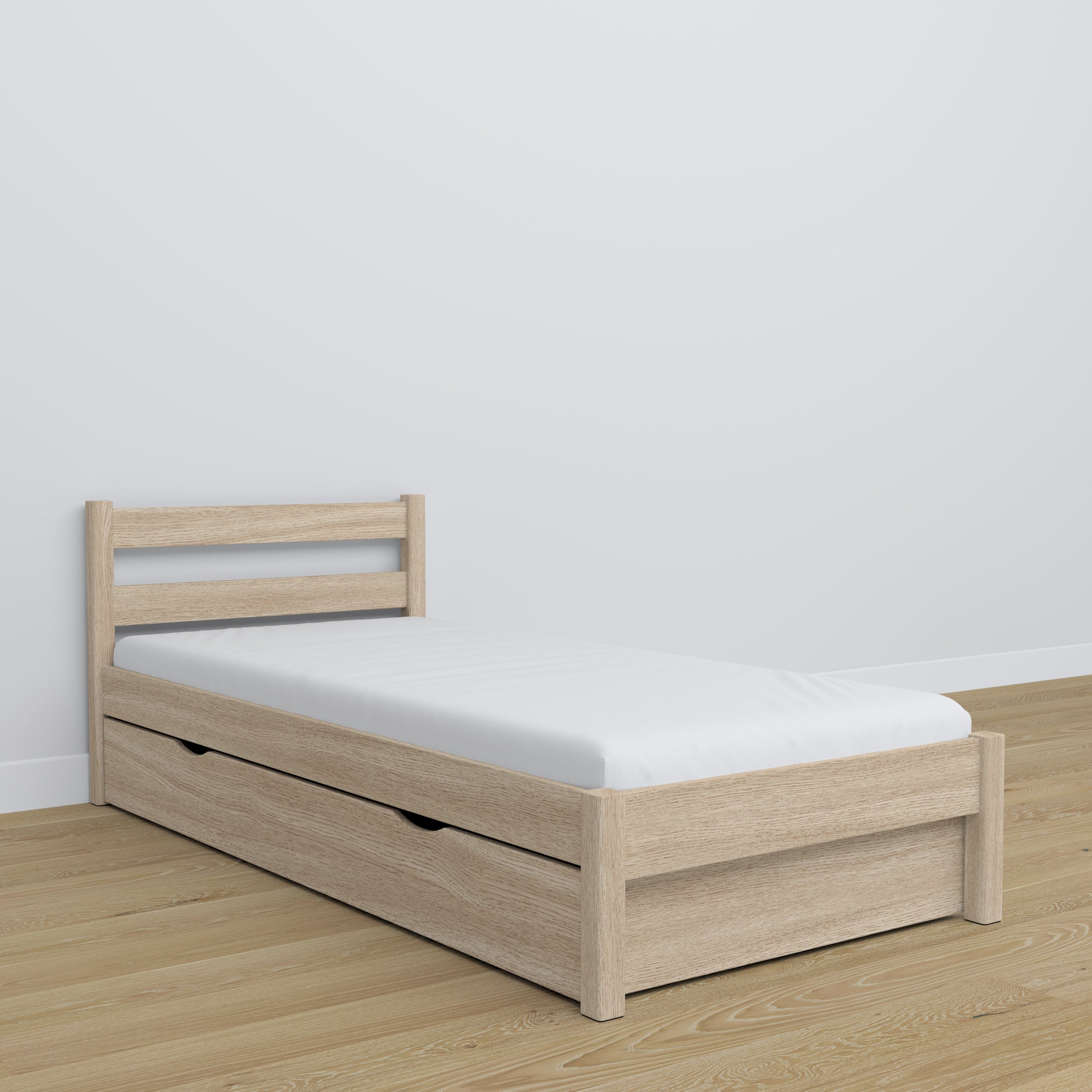 Bett mit Schublade aus Eiche gebeizt weiß – Kinderzimmer, Scandi-Einrichtung