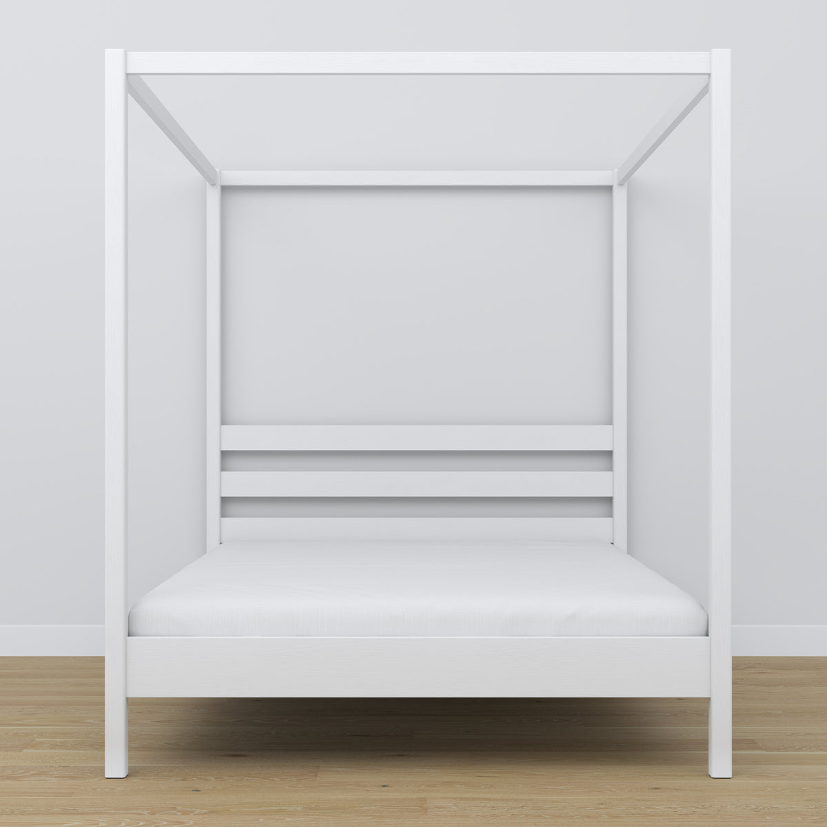 Wooden double bed with canopy white – headboard and frame, close-up