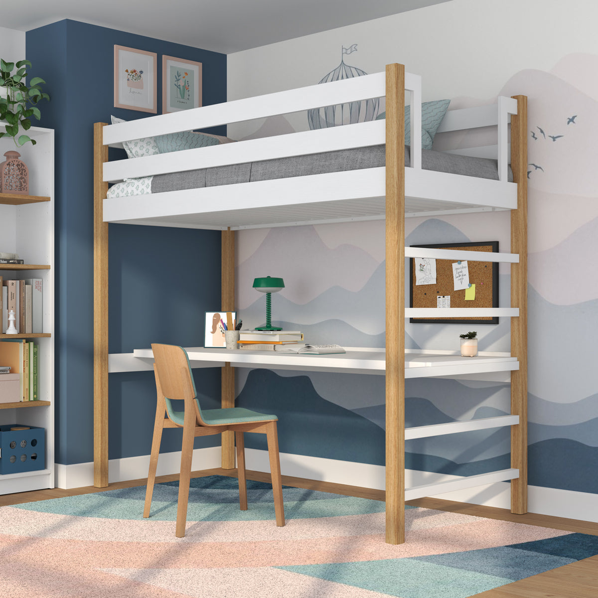 Hochbett mit Schreibtisch aus Holz weiß-eiche – Leiter und Schutzgeländer