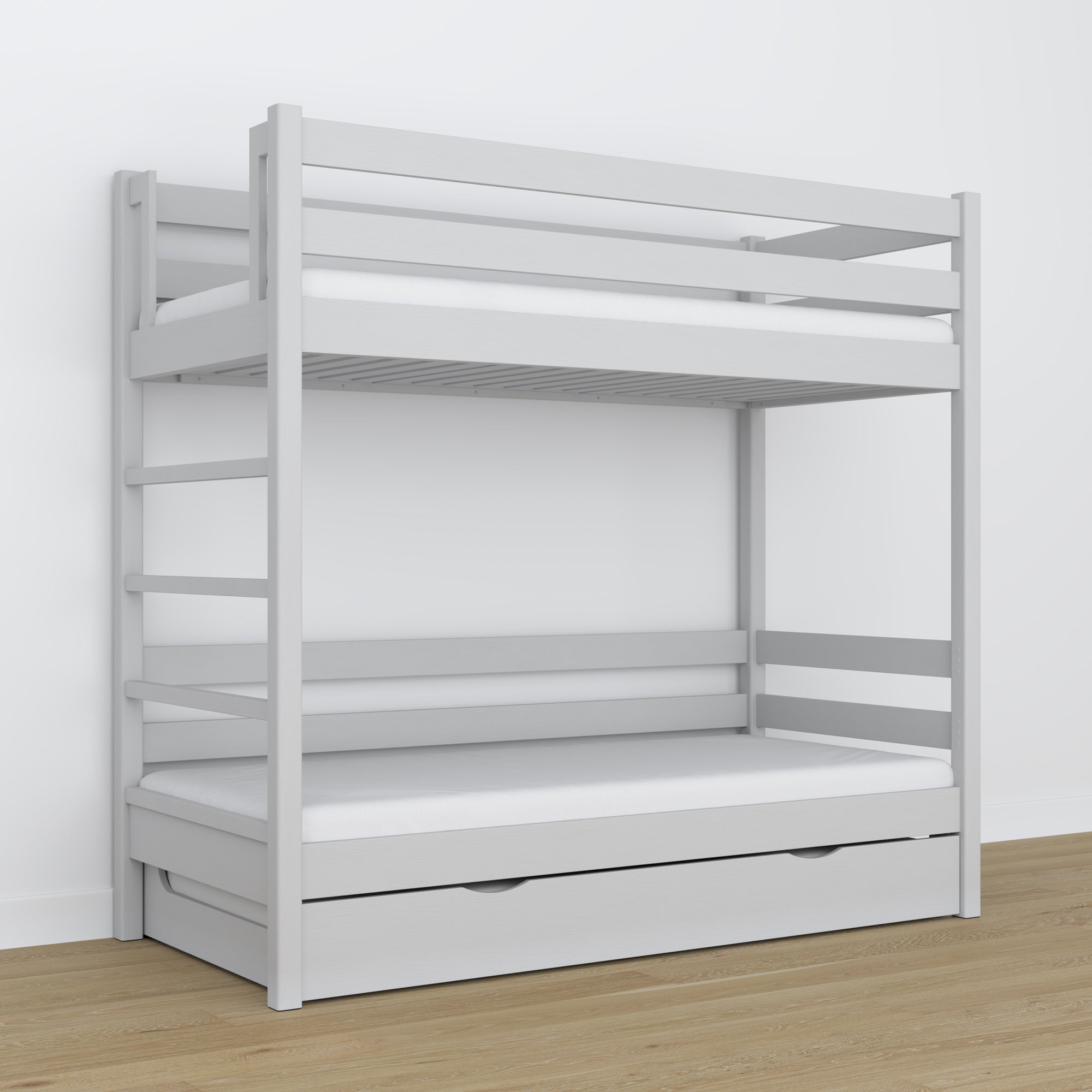Etagenbett Aschgrau – Holzlattenrost, Matratzen-Schublade