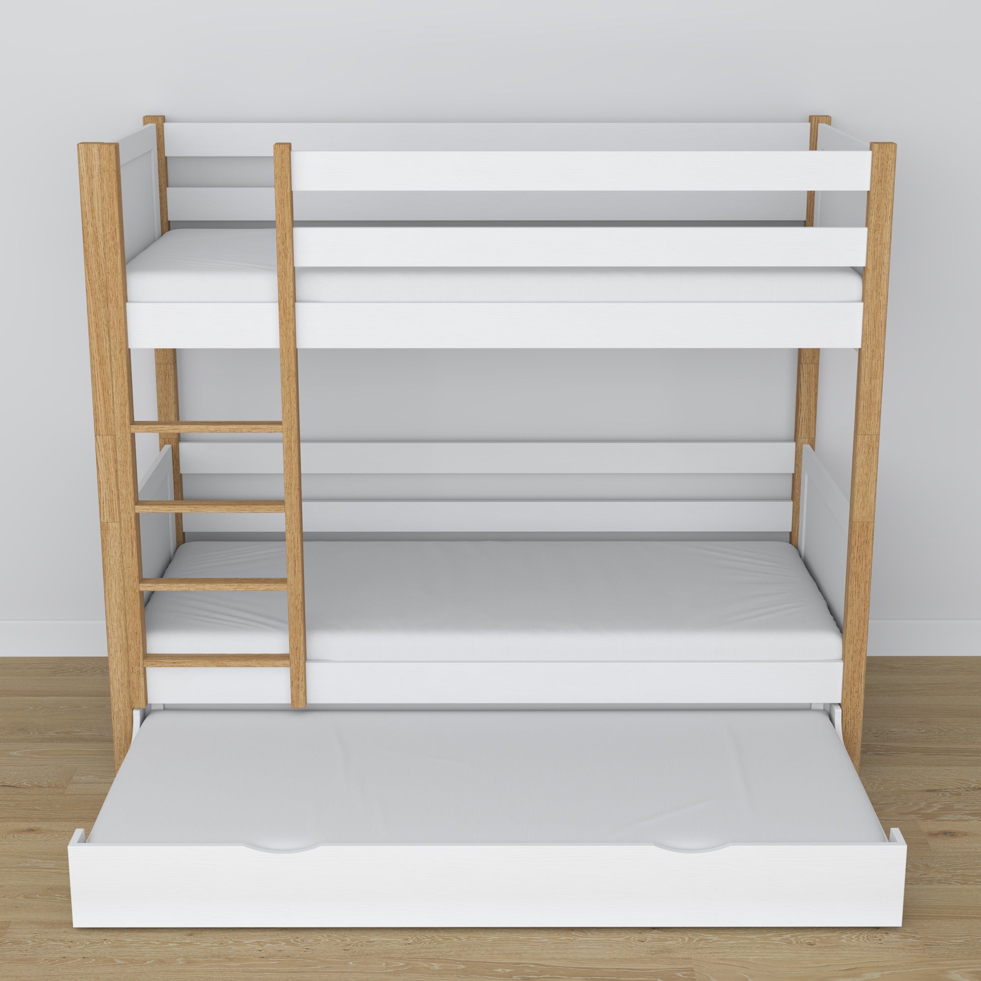 Hochbett mit Schublade für Matratze Weiß-Eiche aus Holz – Massivholz, scandi Stil