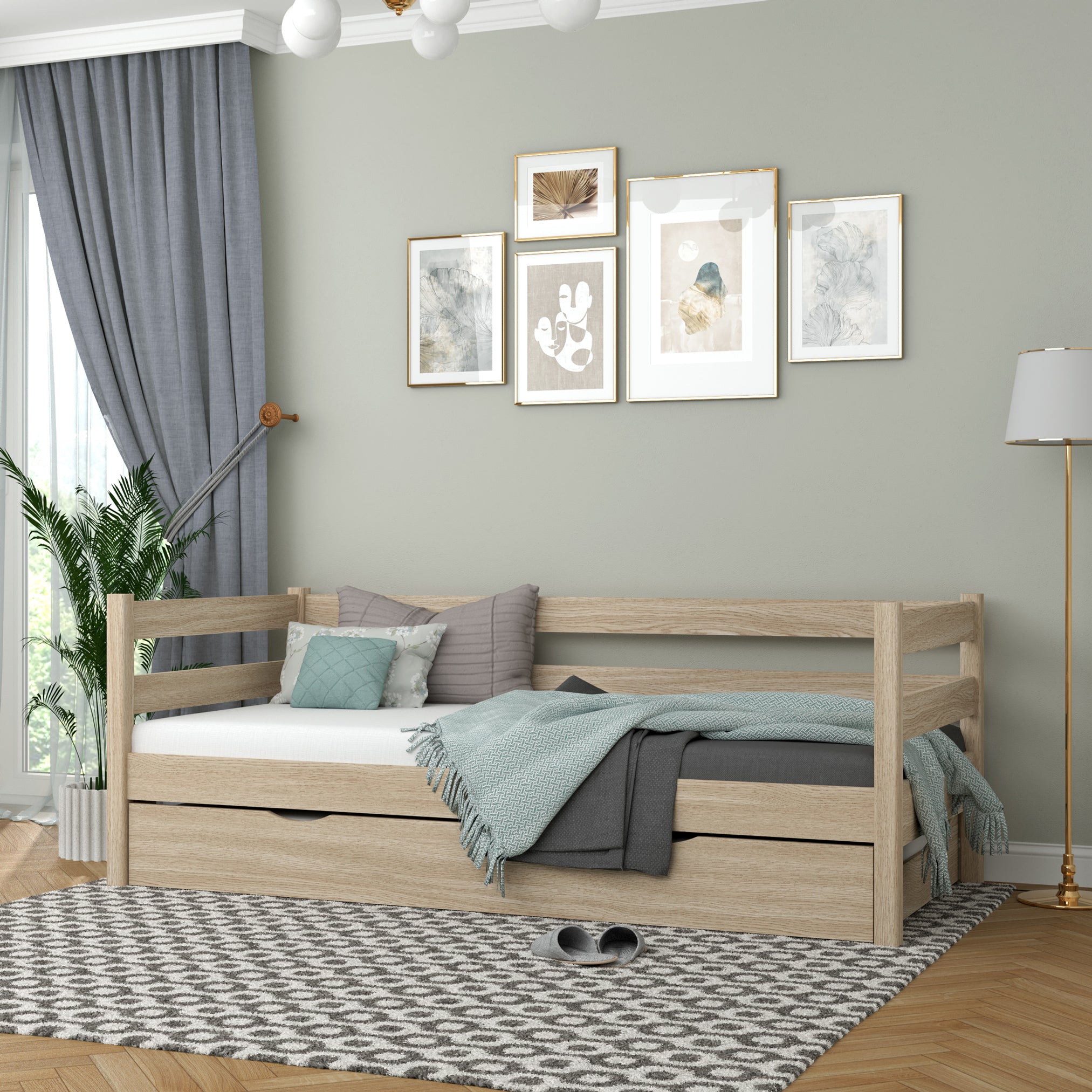 Łóżko sofa z szufladą na materac N01 dąb bielony – dodatkowy widok, lite drewno dębowe