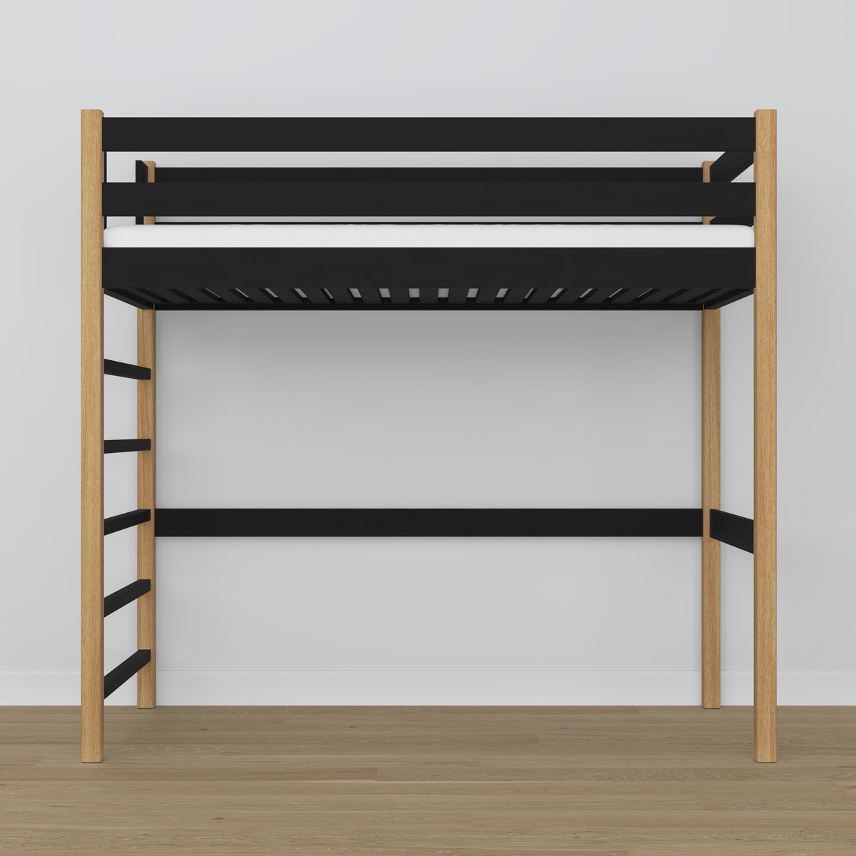 Hochbett aus Holz schwarz-eiche – Rahmen mit Latten, Seitenansicht