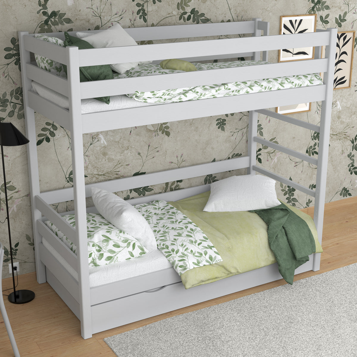 Etagenbett Aschgrau für Kinder – Matratzen-Schublade, Holz, Nizio