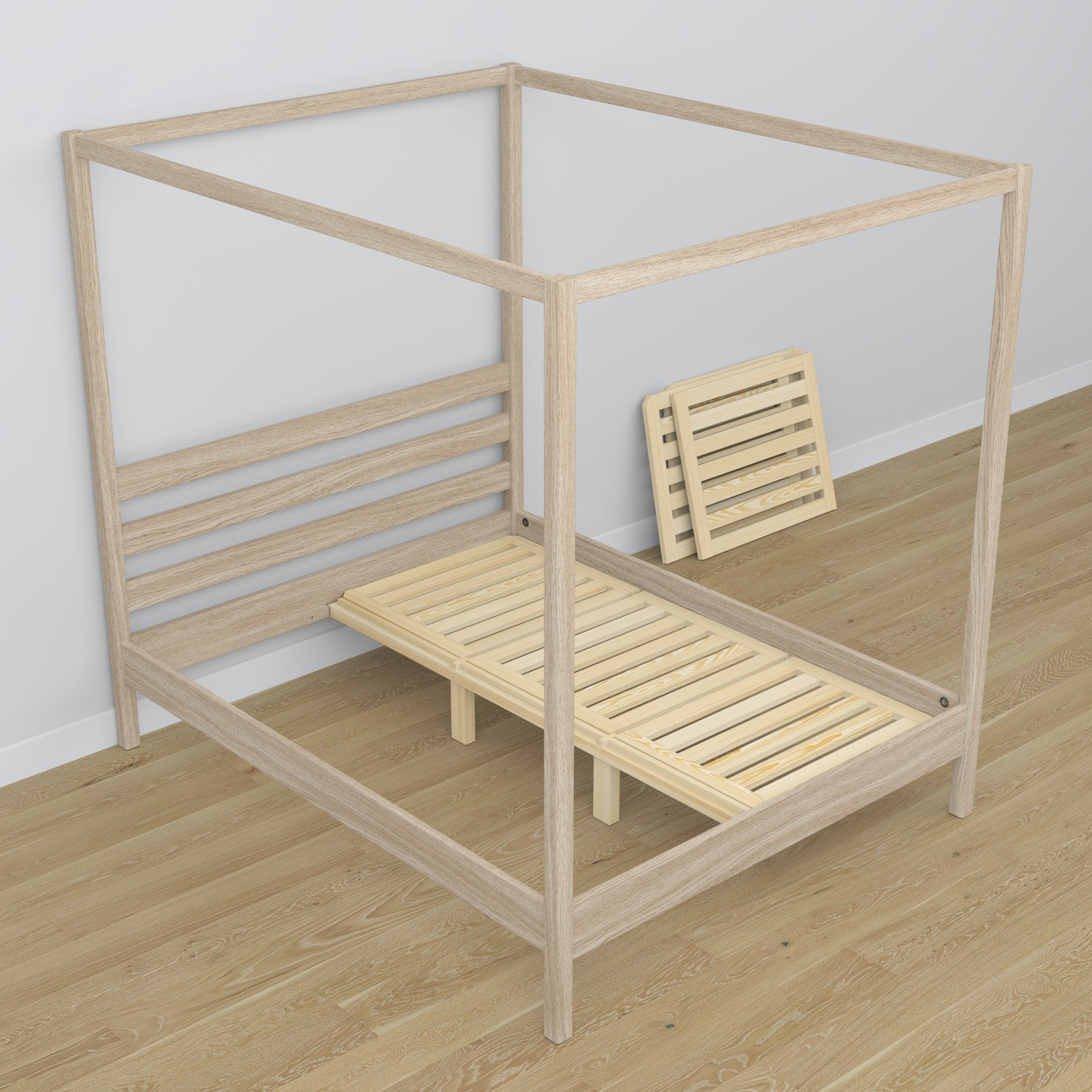Bett mit Baldachin gebleichte Eiche aus Eichenholz – Seitenansicht, Scandi-Stil