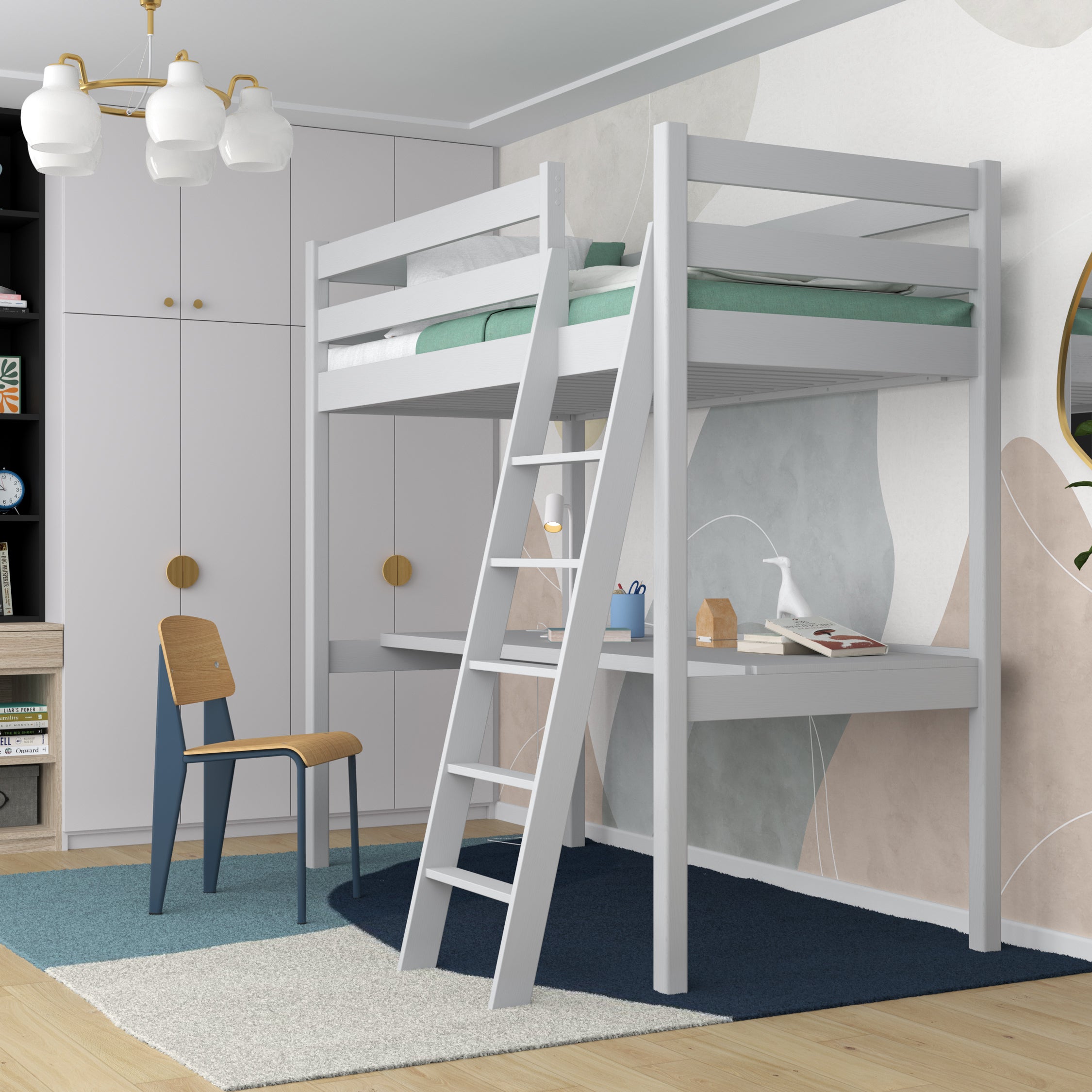 Grey Wooden Loft Bed with Desk – Ladder and Safety Rail