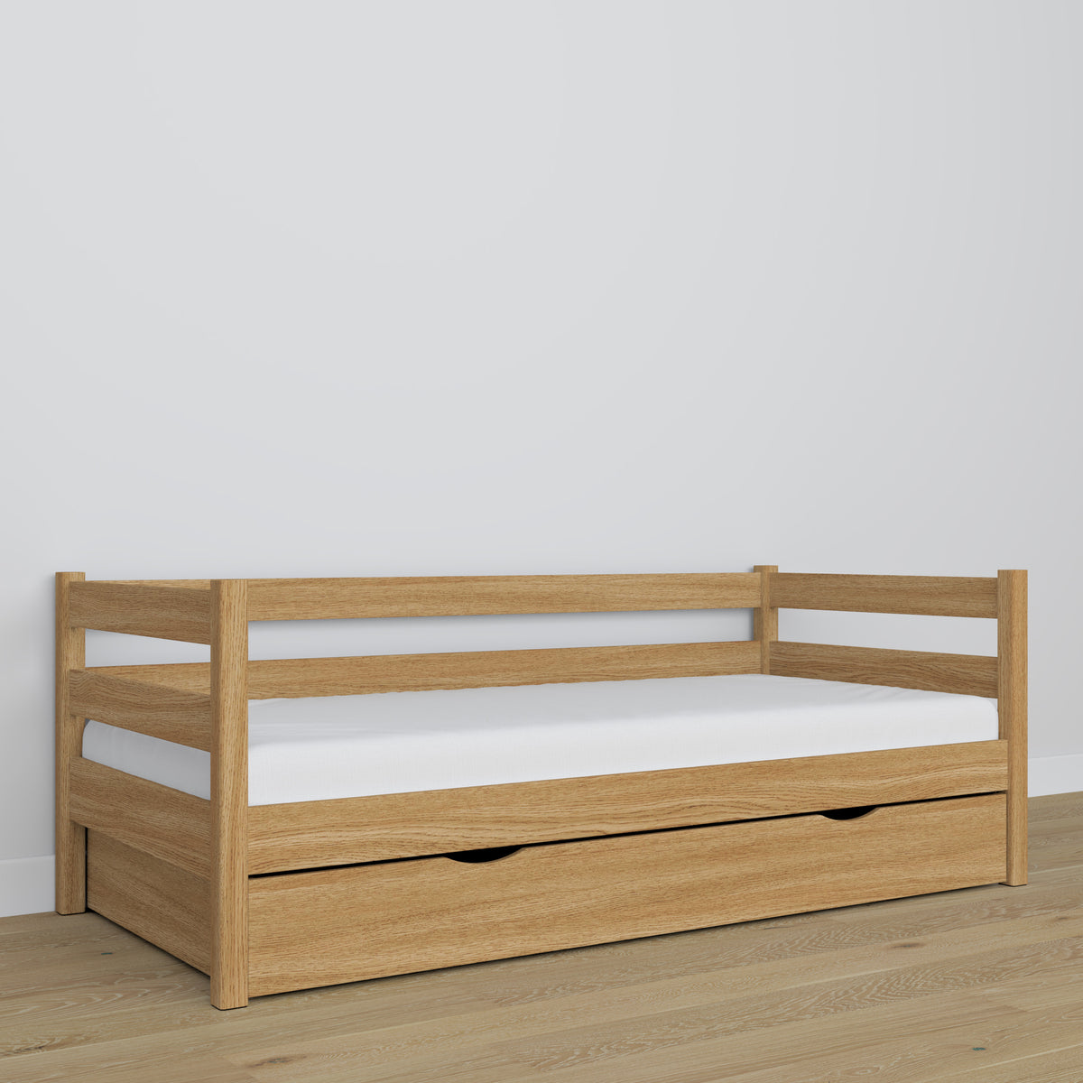 Łóżko sofa z szufladą N01 dąb naturalny – widok z innej perspektywy, polskie meble