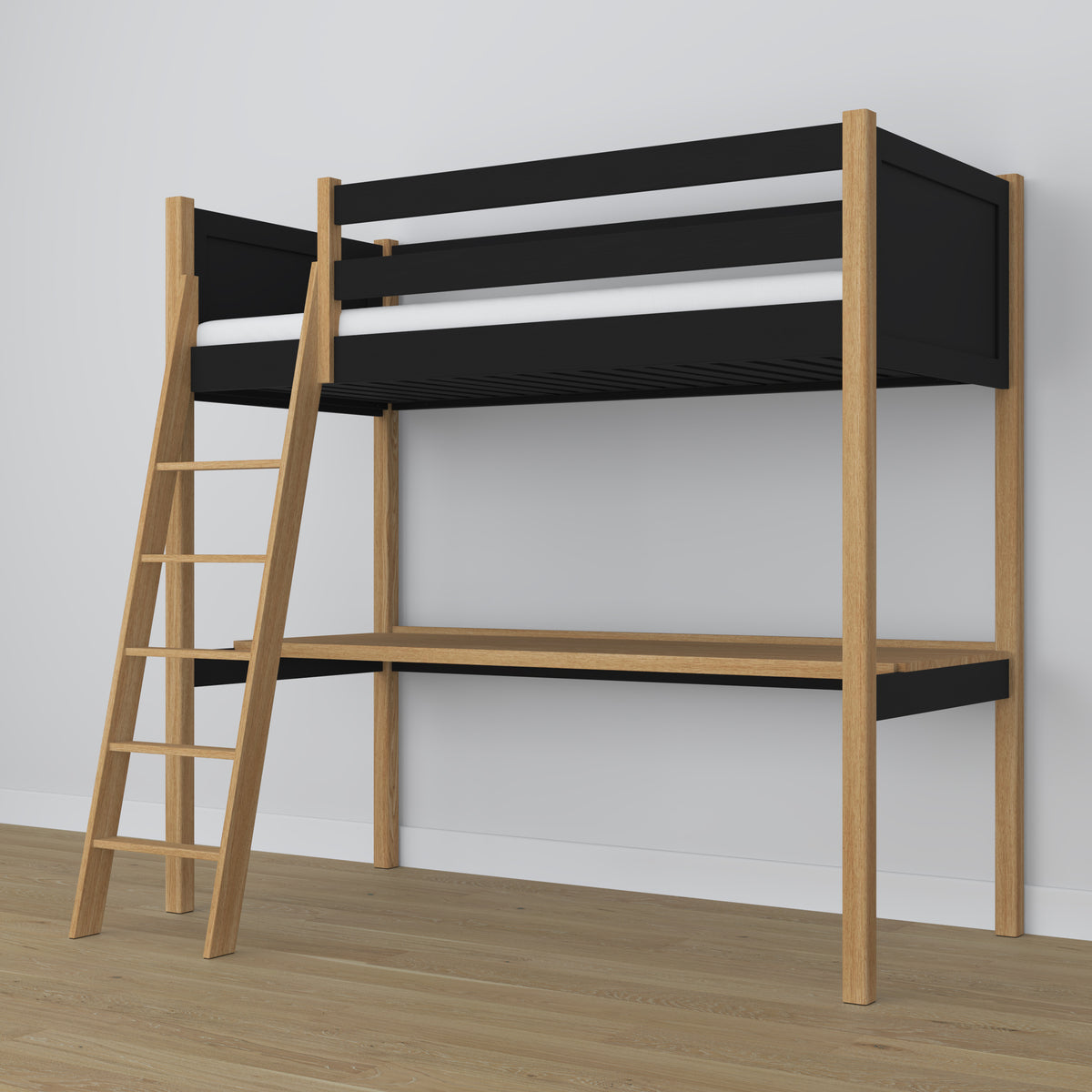 Hochbett mit Schreibtisch aus Holz schwarz-eiche – Leiter und Schutzgeländer
