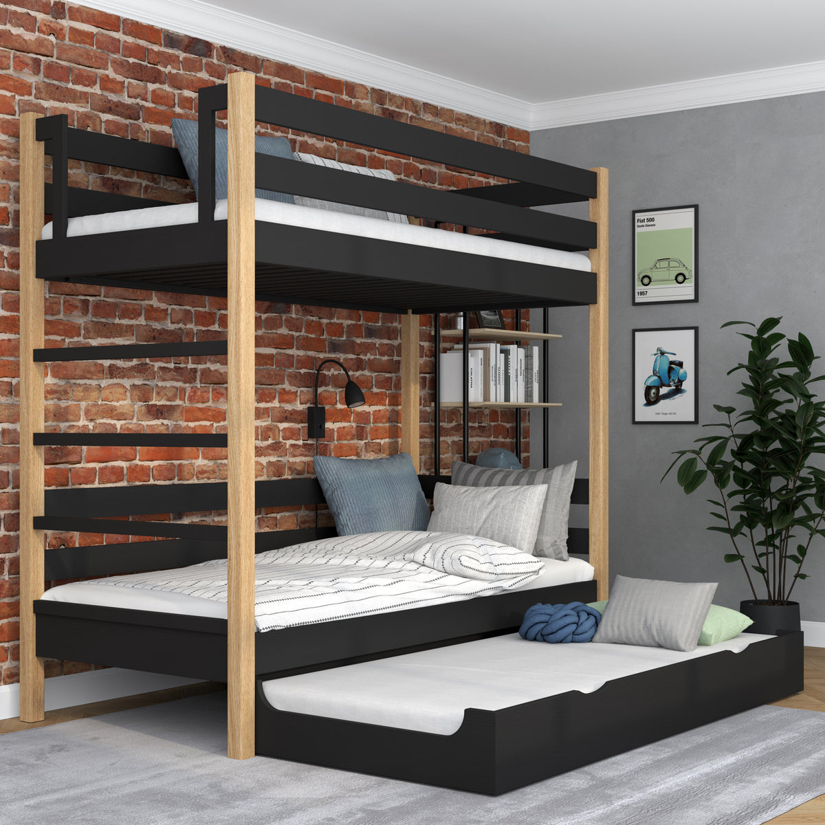 Holz-Etagenbett schwarz-eiche – Leiter, Schutzgitter, Schublade für zusätzliche Matratze