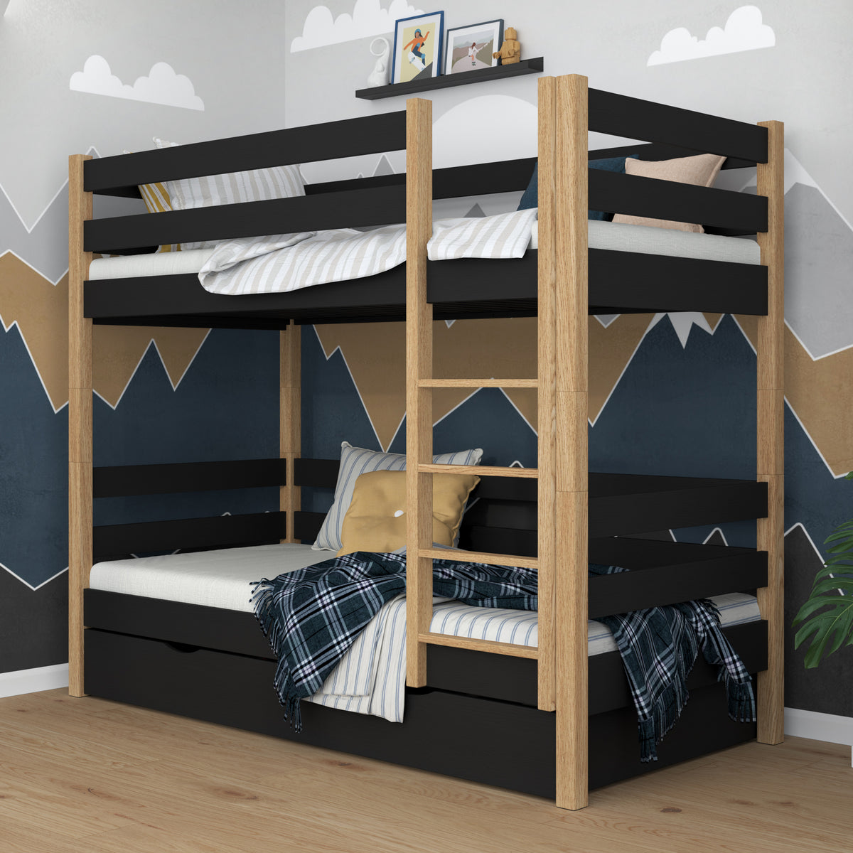 Holz-Etagenbett schwarz-eiche – Schublade geöffnet, geräumiges Staufach unter dem Bett