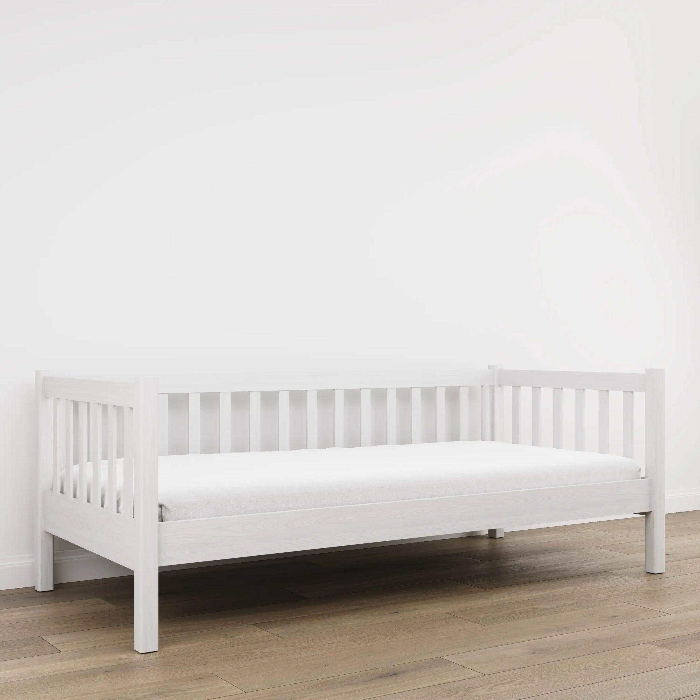 Łóżko sofa N03 biały – widok z boku, solidna konstrukcja drewniana
