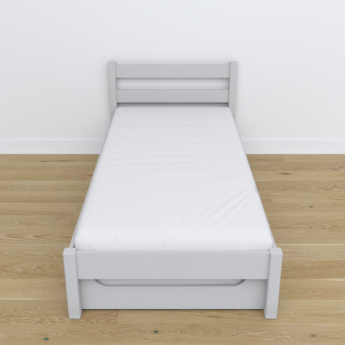 Bett Aschgrau – Schublade für Matratze, Holzdetails, Nizio Home