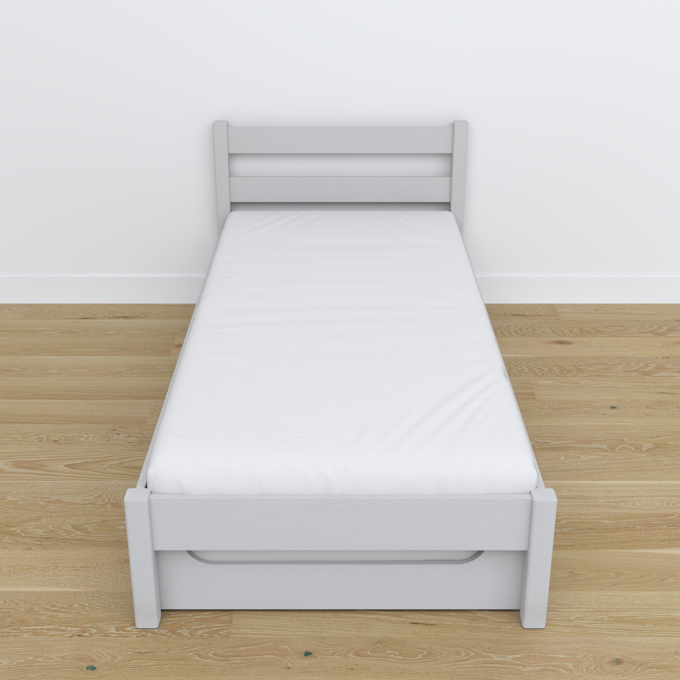 Bett Aschgrau – Schublade für Matratze, Holzdetails, Nizio Home