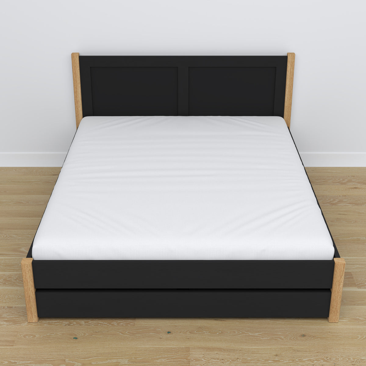 Doppelbett mit Schublade aus Holz schwarz mit Eiche – Schrägansicht, Scandi-Schlafzimmer