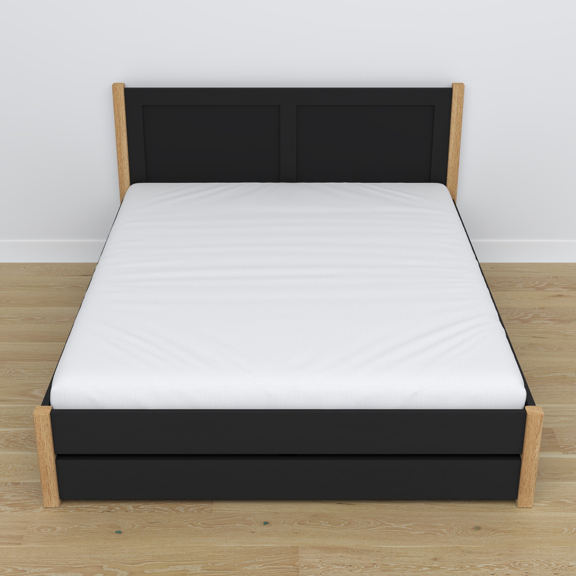 Doppelbett mit Schublade aus Holz schwarz mit Eiche – Schrägansicht, Scandi-Schlafzimmer