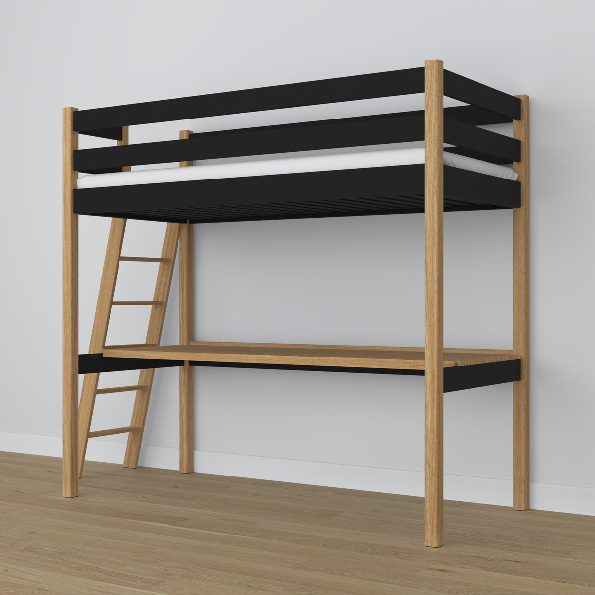 Hochbett aus Holz schwarz-eiche mit Schreibtisch – Rahmen und Latten, Nizio