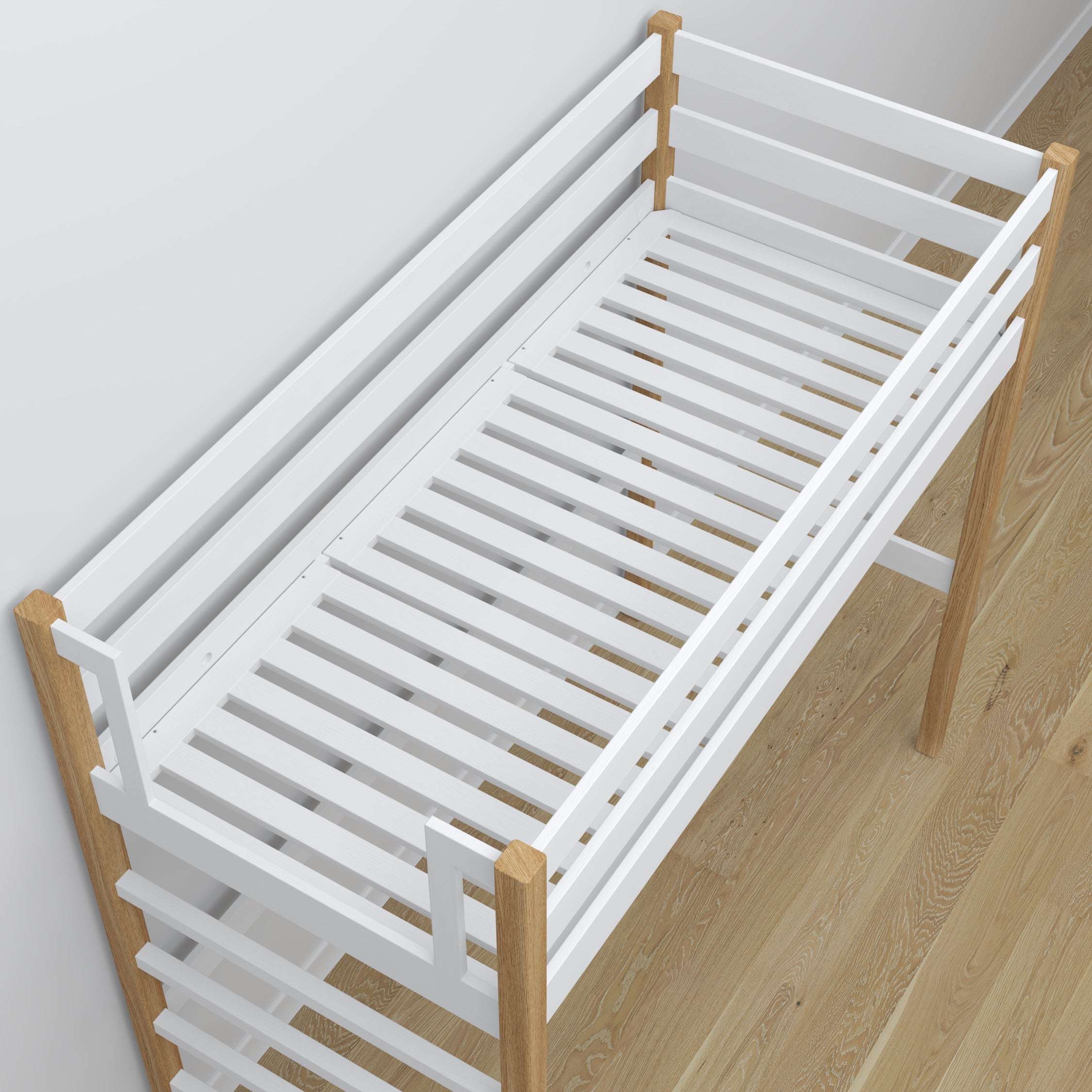 Hochbett mit Schreibtisch aus Holz weiß-eiche – Details der Verbindungen und Leiter