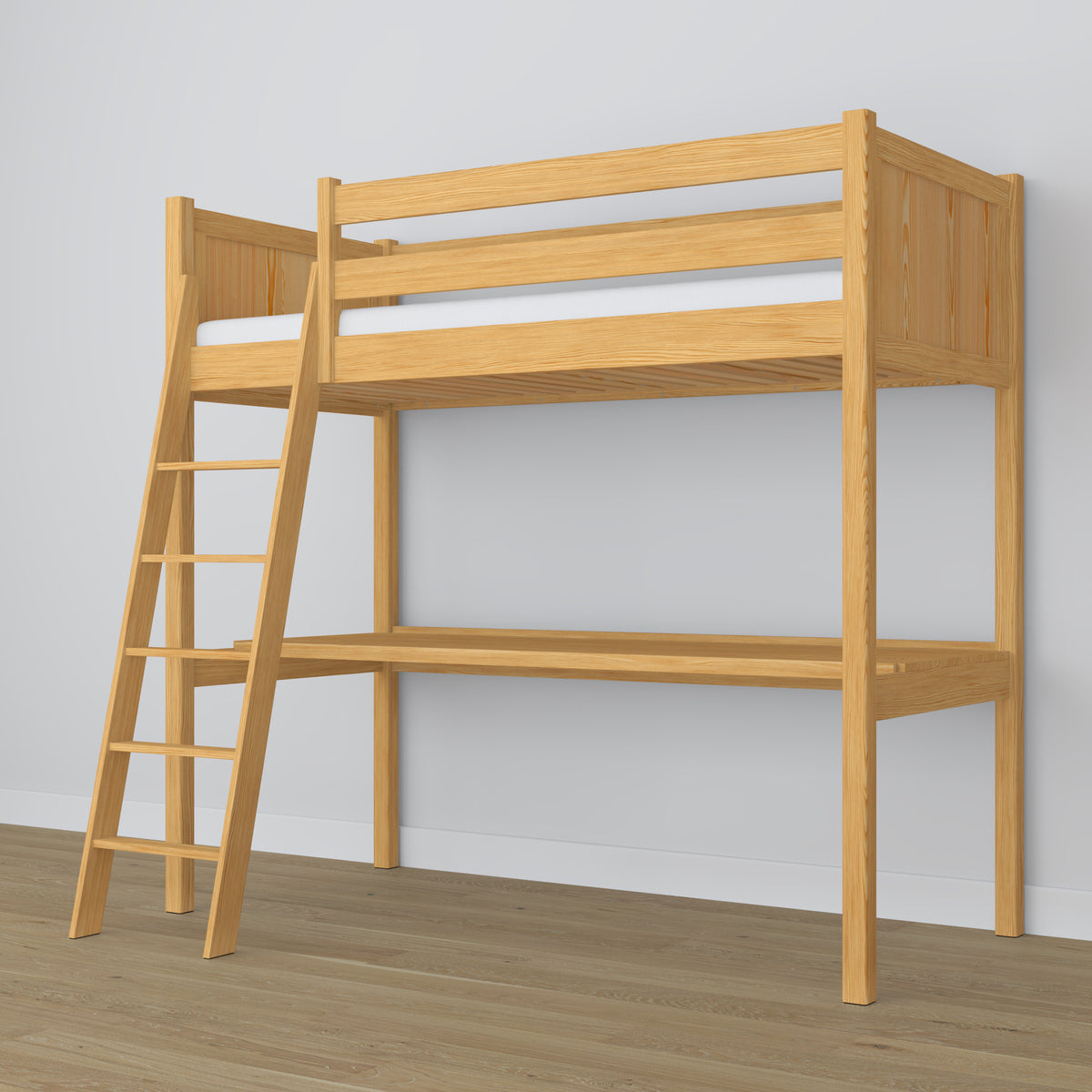 Hochbett Kiefer Natur – Holzschreibtisch unter dem Schlafbereich, Kinderzimmer Scandi