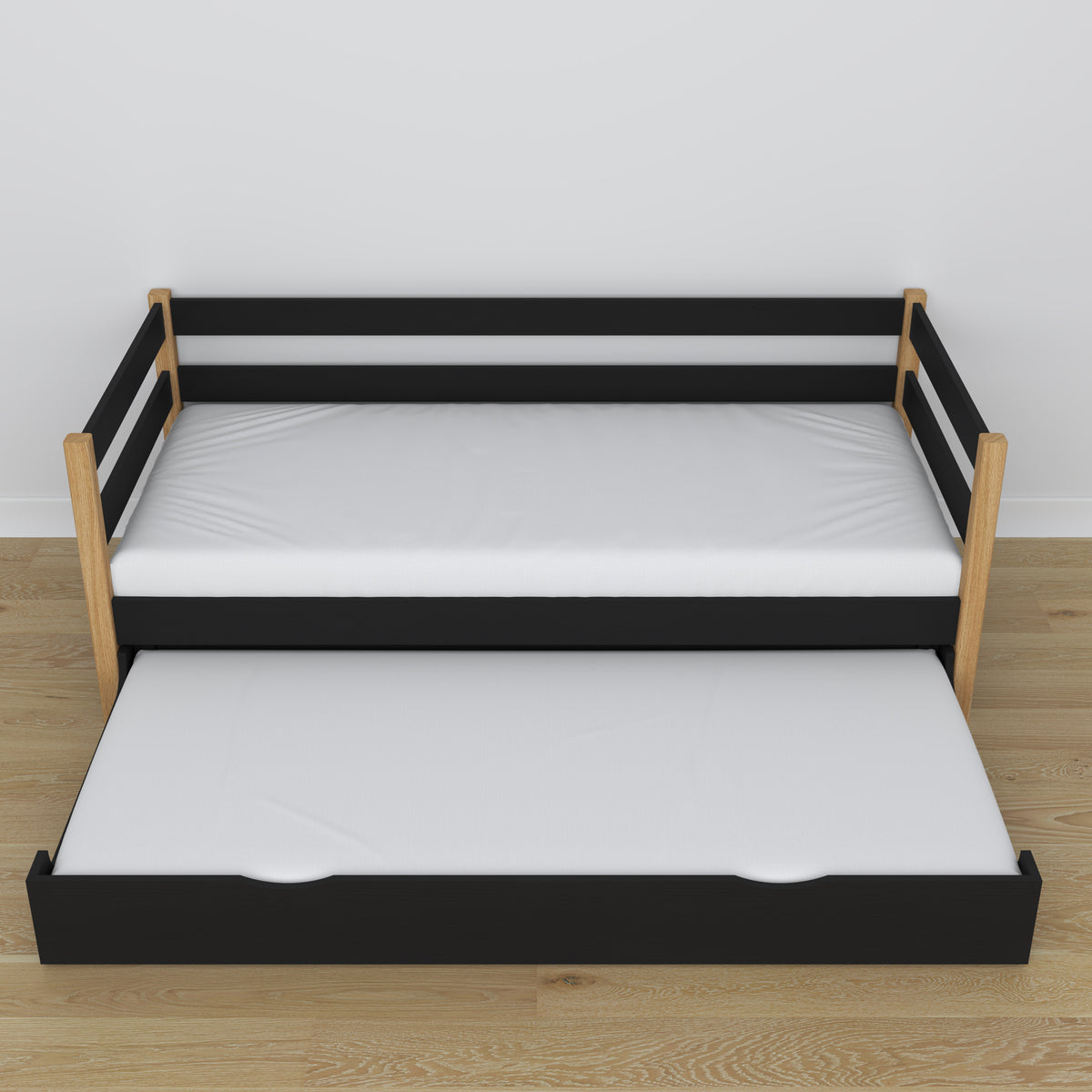 Black-oak sofa bed with mattress drawer made of wood – dimensions, Nizio