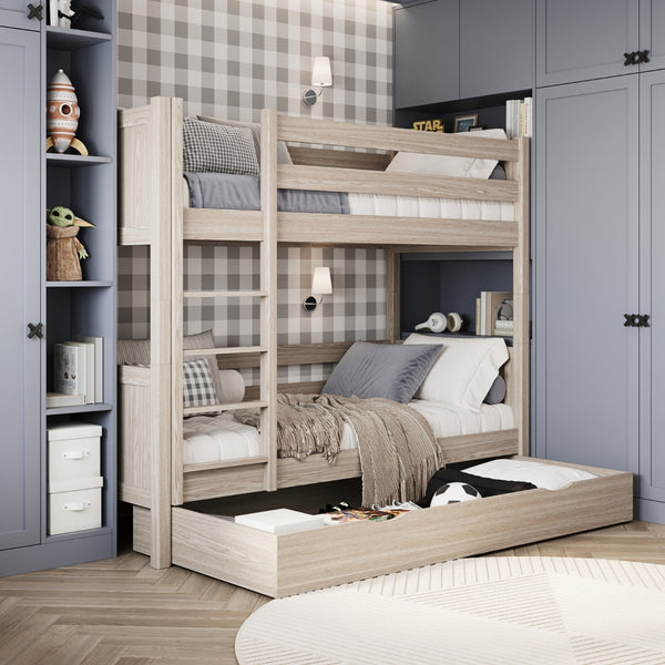 Etagenbett Eiche gebleicht mit Schublade – Schutzgitter und Leiter aus Eiche, Nizio